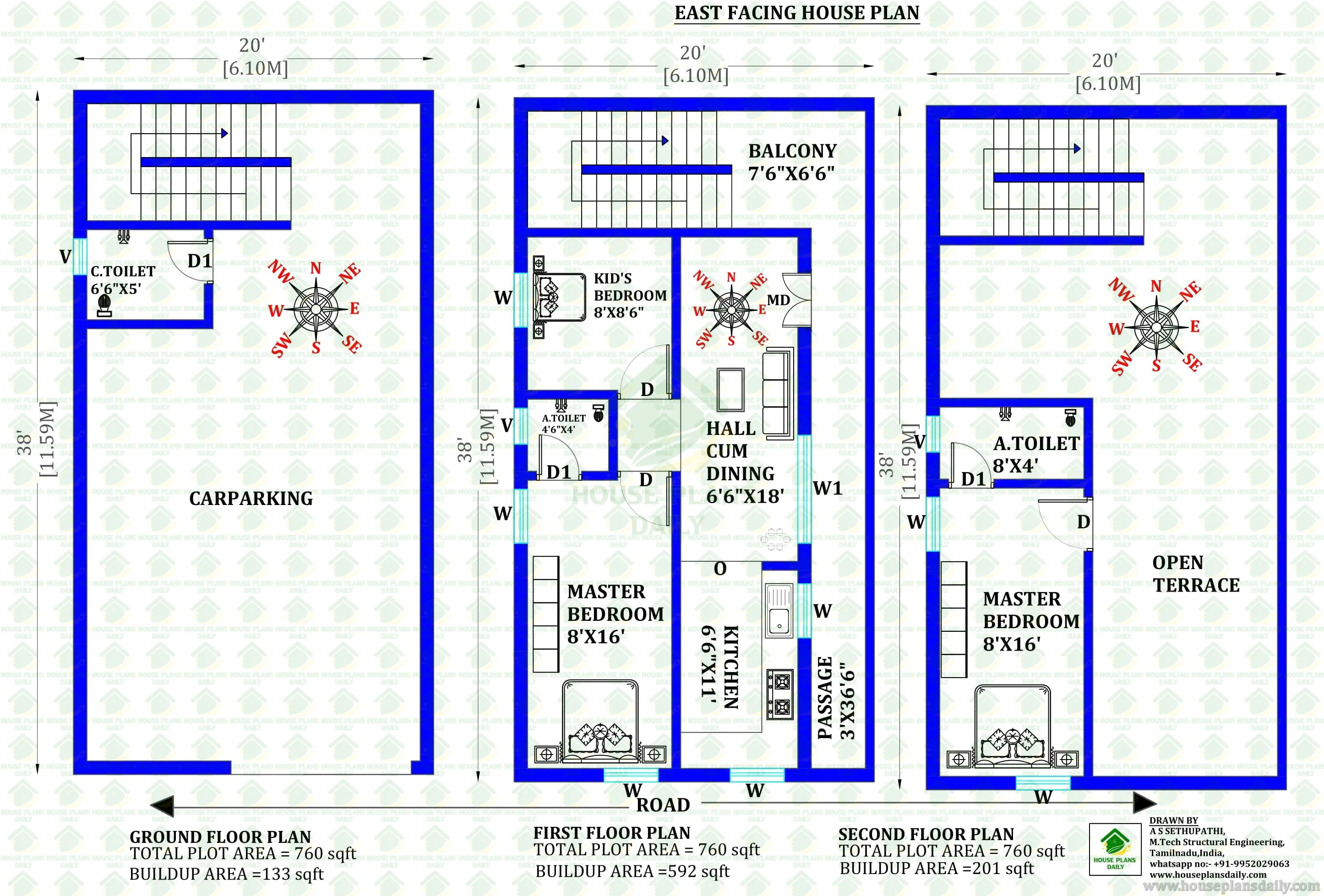 20x38 East House Plan | 2BHK First Floor and Open Terrace