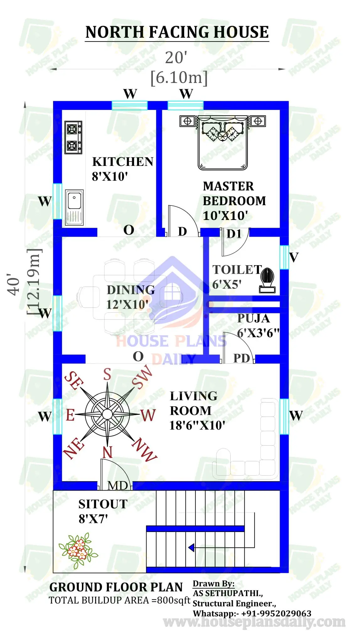 20x40 North Facing House Design as per Vastu