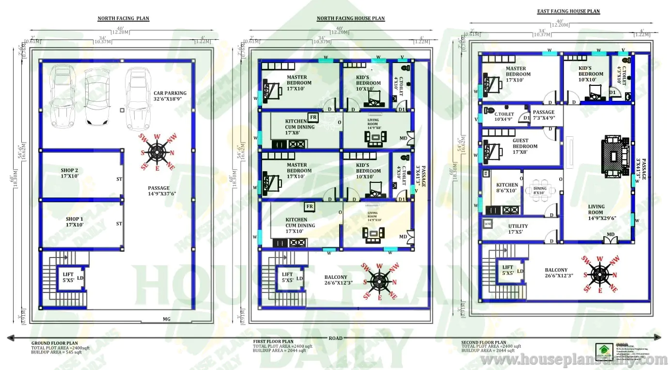 40x60 G+2 East Facing House Plan with Shops | 2400 Sqft Rental Friendly Building Design