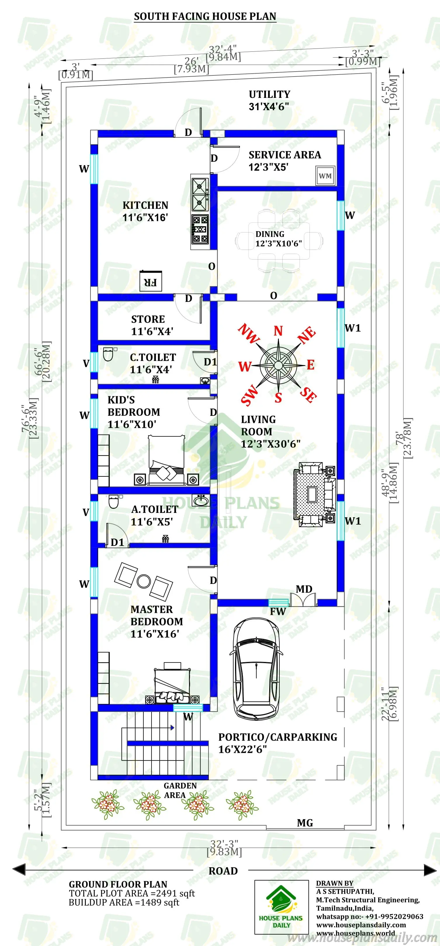 2bhk South Facing House Plan | South Facing Ground Floor House Plan