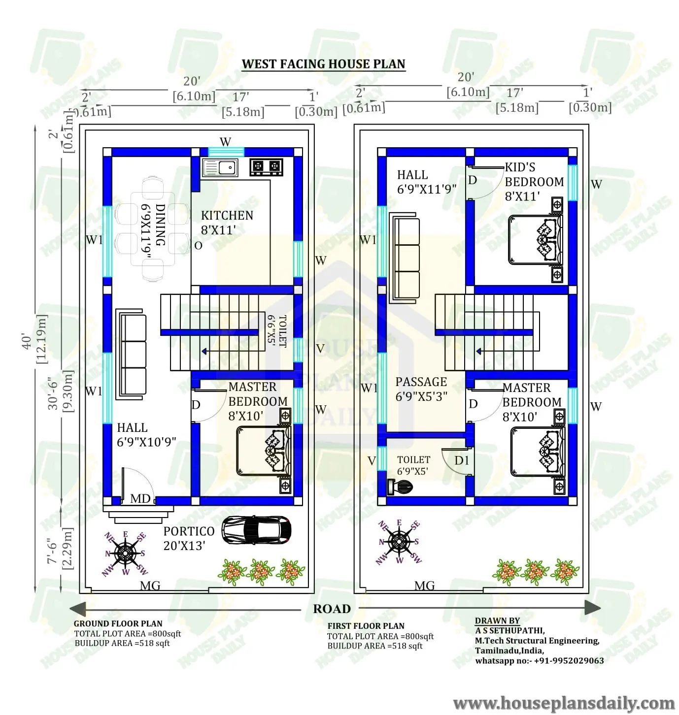20x40 Vastu Shastra Home Plan West Facing