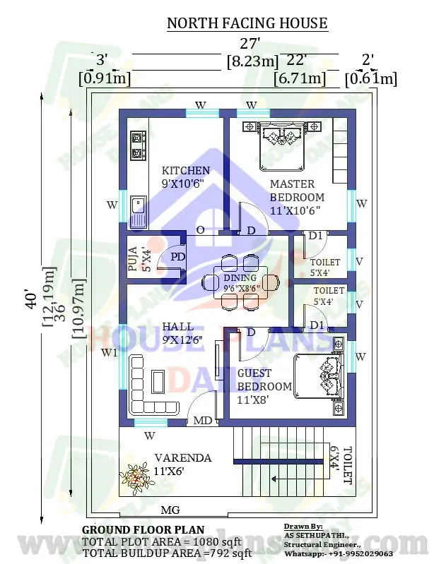 27x40 North facing House vastu plan