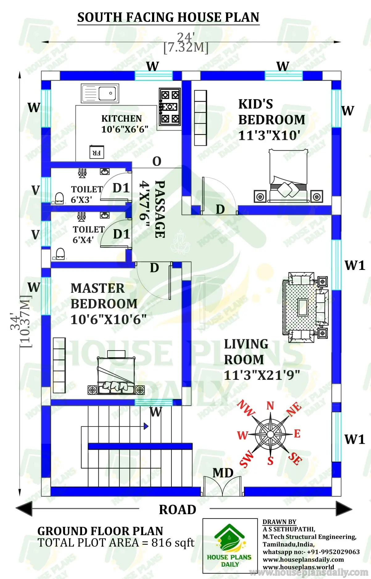 South Facing 816 Sq Ft Ground Floor 2BHK House Plan