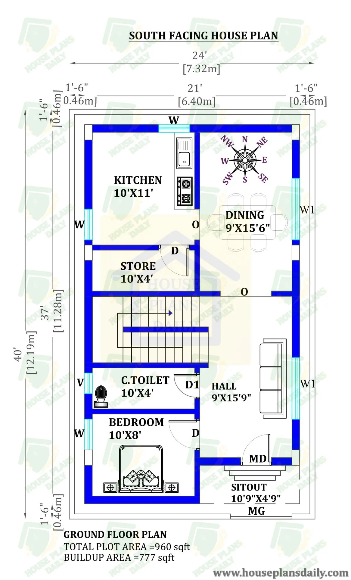 24x40 South Face Home Plan As Per Vastu
