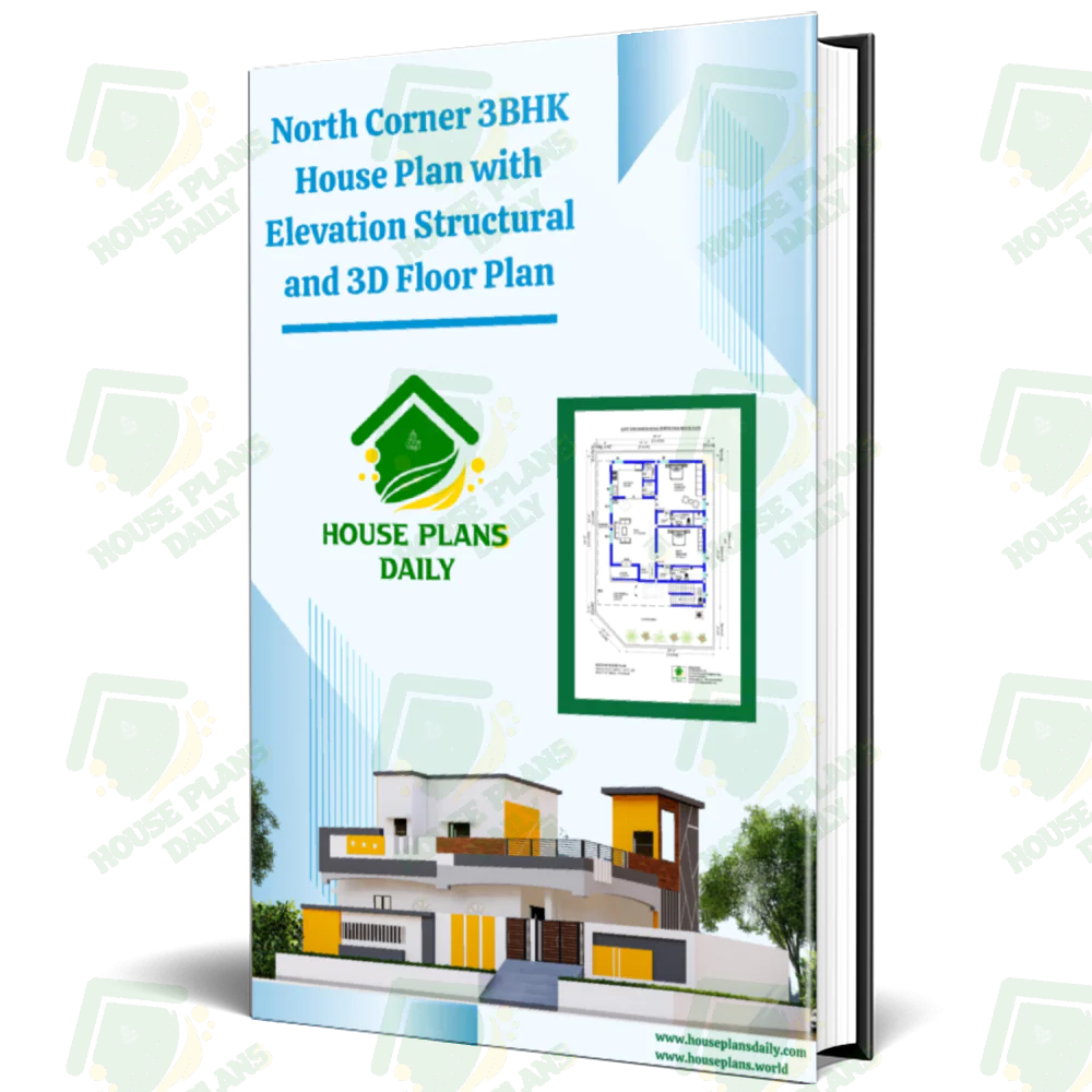 North Corner 3BHK House Plan with Elevation Structural and 3D Floor Plan