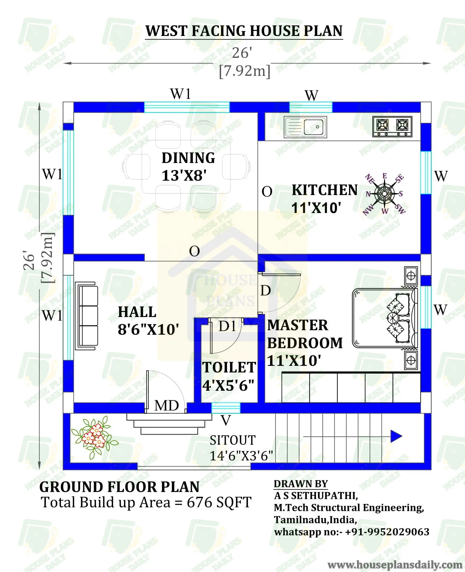 26x26 West Facing Home Design with Vastu