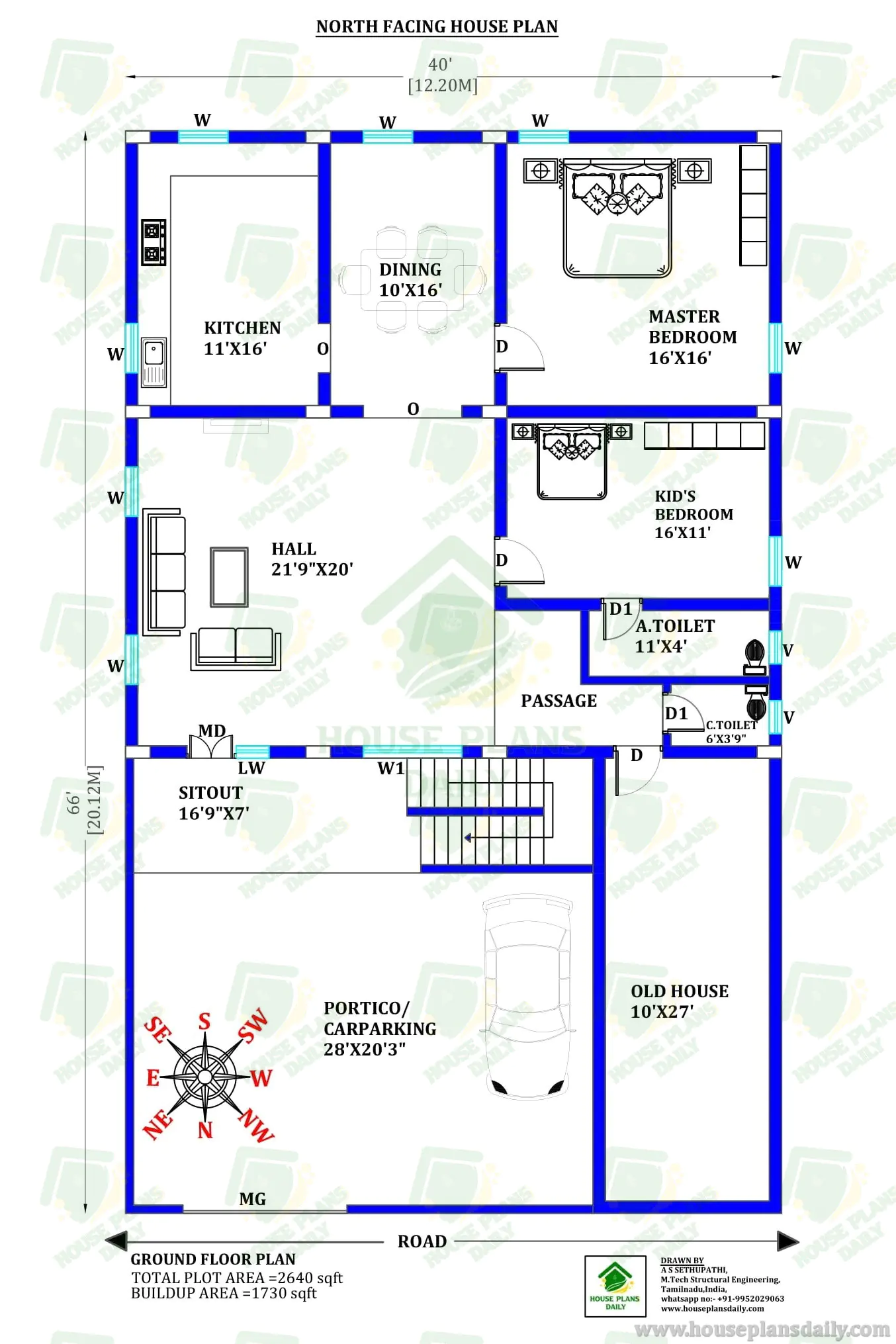 40x66 North Facing 2BHK House Plan with Car Parking