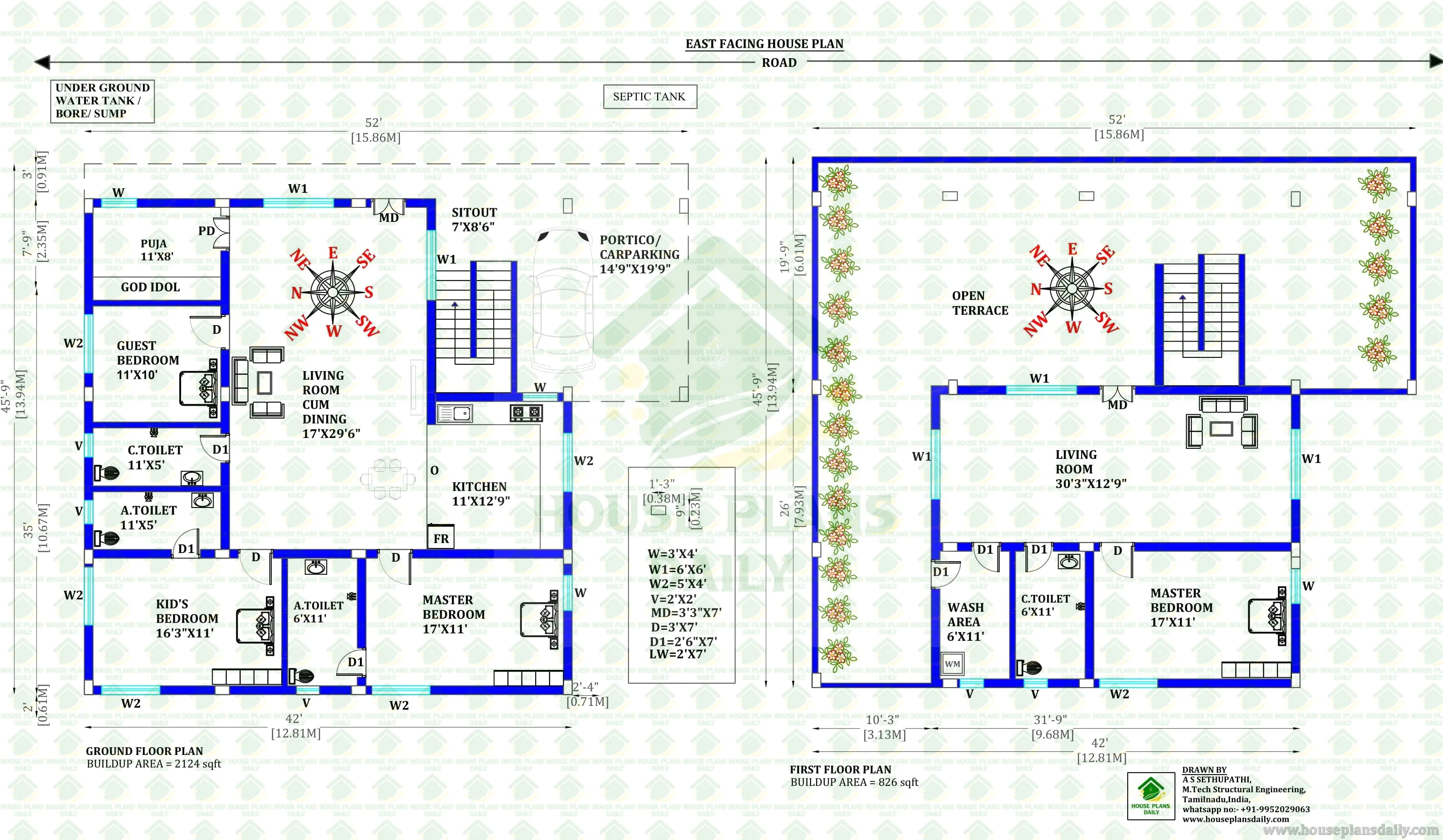 2124 Sqft East Facing House Plan | 3BHK Ground Floor Design