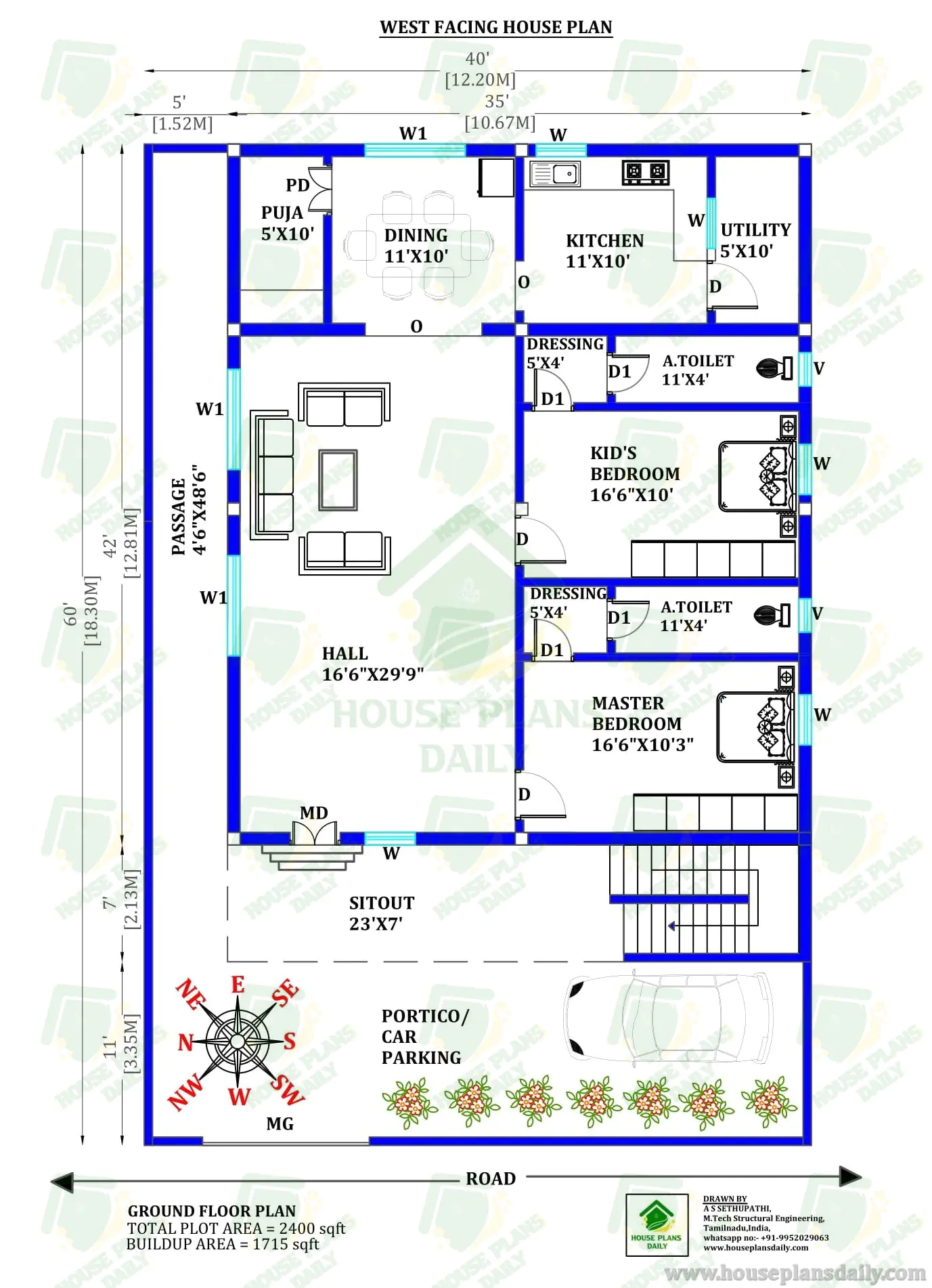 40x60 West Entrance 2BHK Layout | 1715 Sqft Vastu Ground Floor Design with Parking