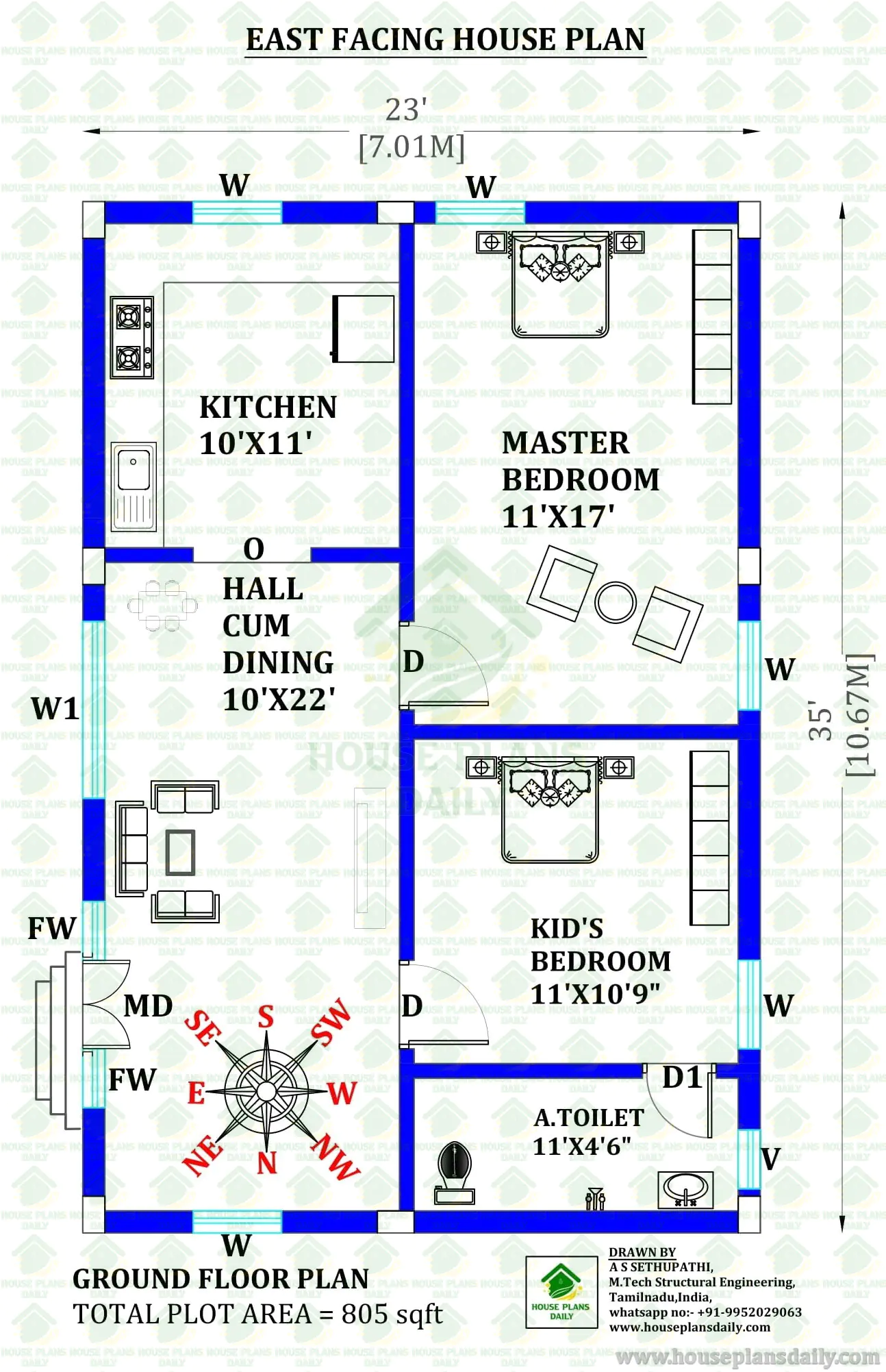 23x35 East Facing 2BHK House Plan | 805 Sq Ft Modern Home Design