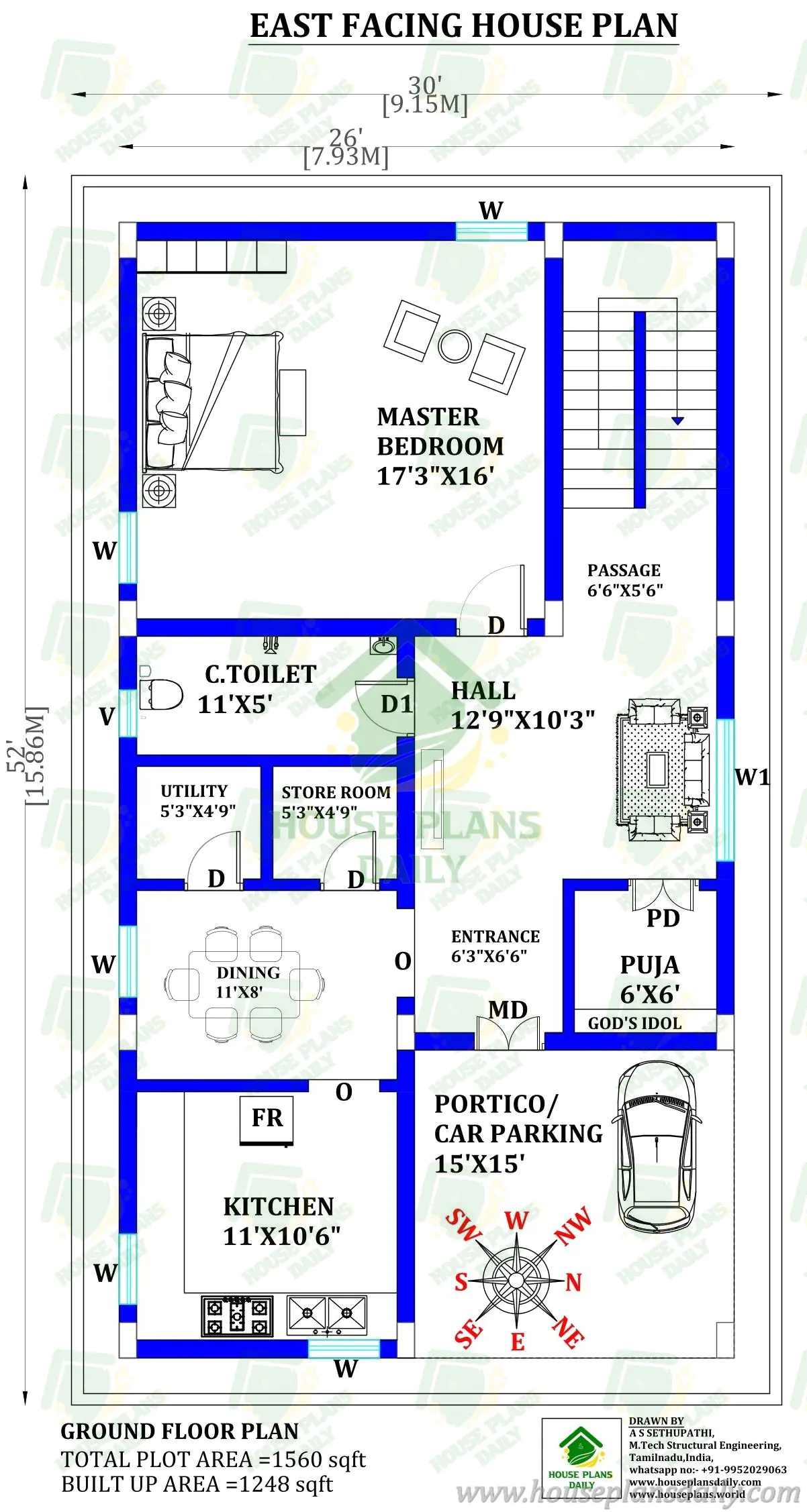 East Facing 1BHK House Plan with Car Parking and Vastu | Indian House Plans