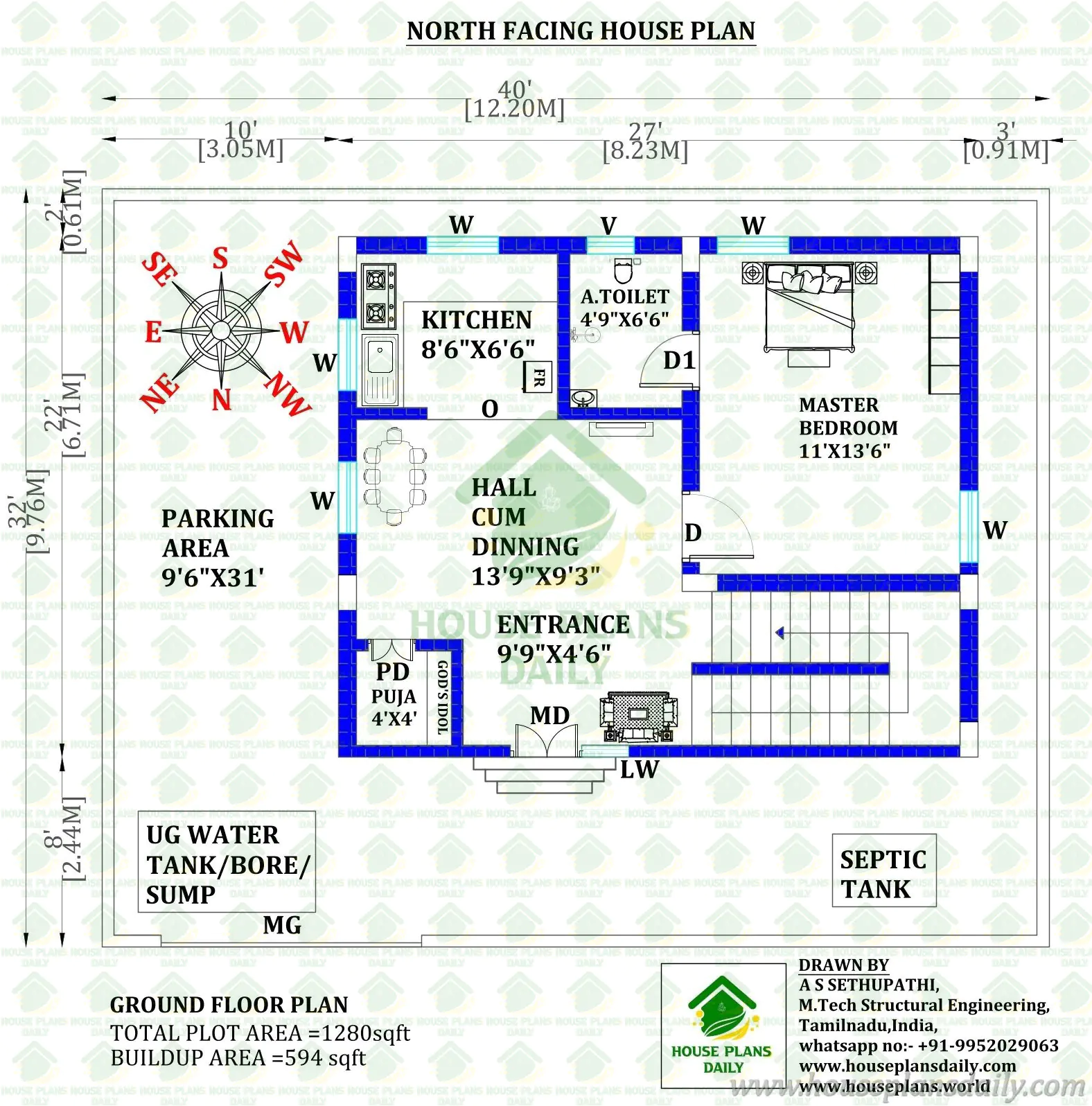32x40 North Facing House Plan | 1280 Sq Ft 1 BHK Design with Vastu