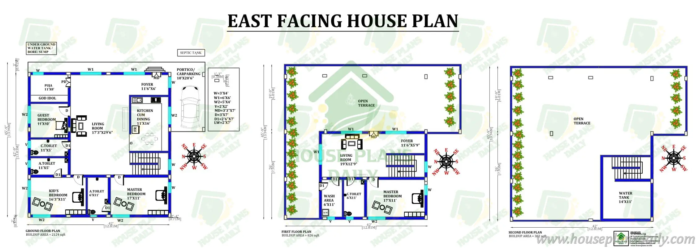 East Facing G+2 House Layout | 2100 Sqft Two Floor Layout