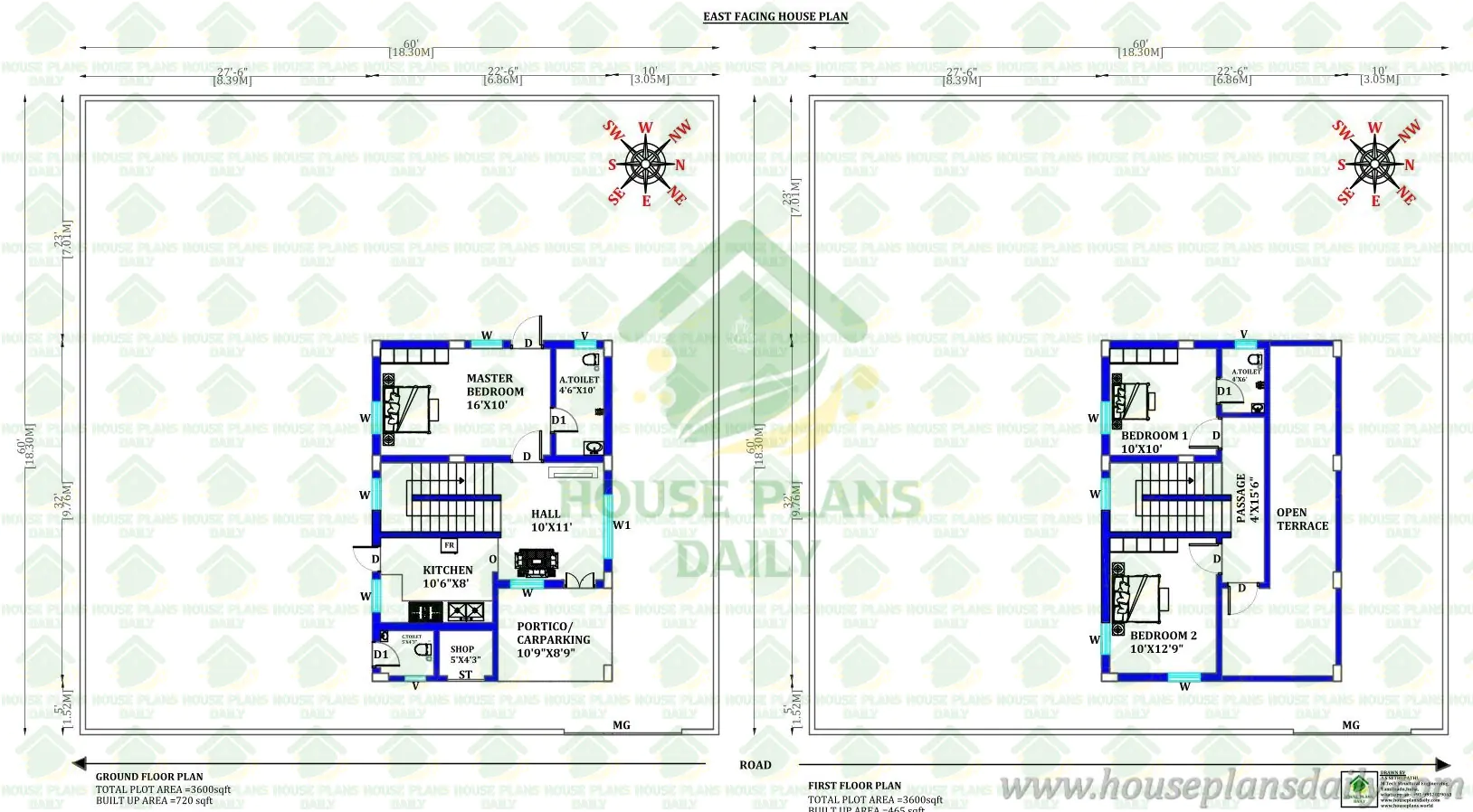 60x60 East Facing 3BHK Duplex House Plan | 720 Sq Ft Compact Home with Shop