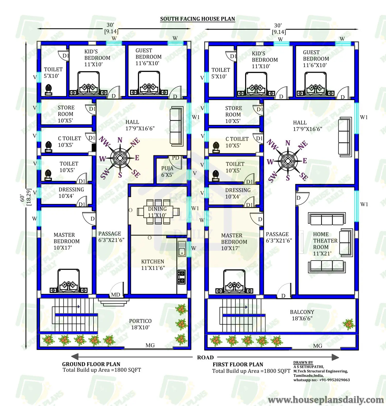 1800 Sqft House Plan | South Facing Home Design