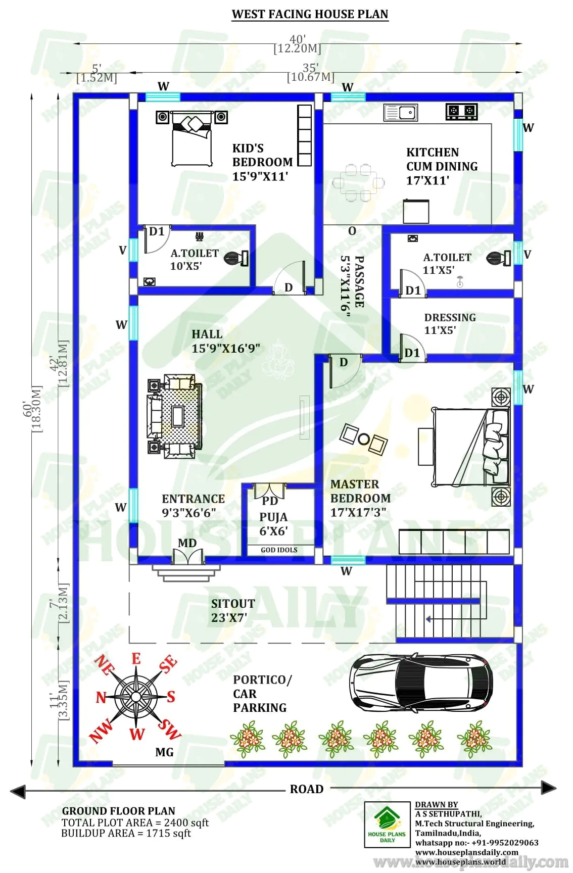 West Facing House Plan | 40x60 Plot | 1470 sqft Built-Up