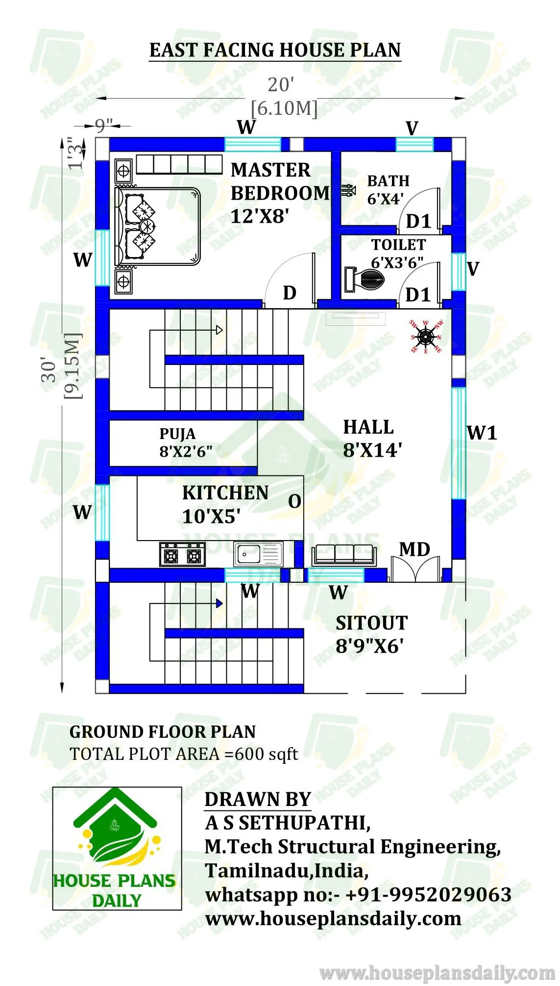3BHK House Plan | 20 By 30 House Plan