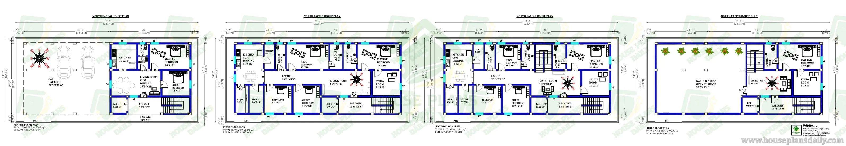 G+3 North Facing House Plan with 2BHK, 4BHK & 5BHK Duplex