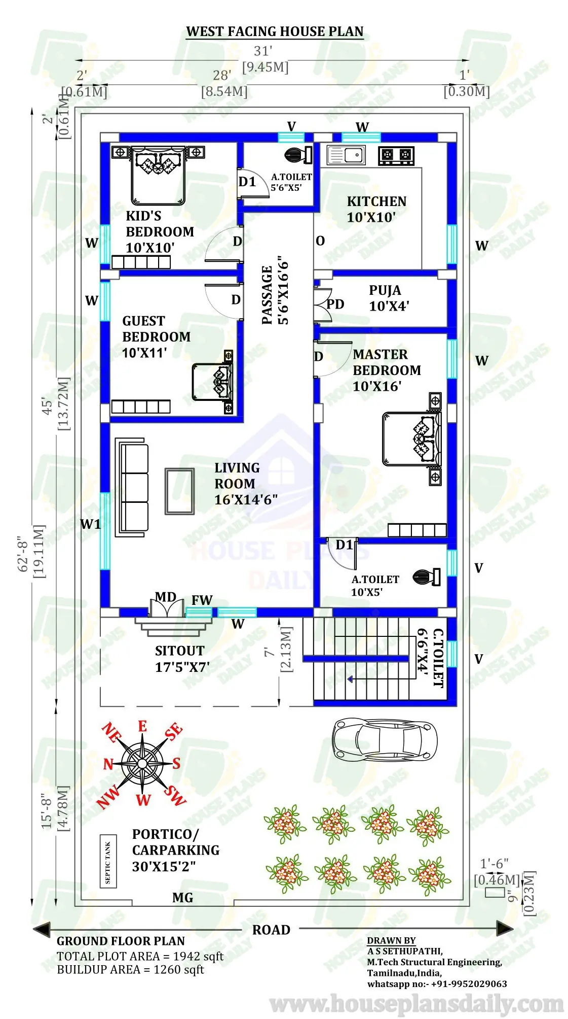 West Facing House Plans 31x45 | Single Storey House Design