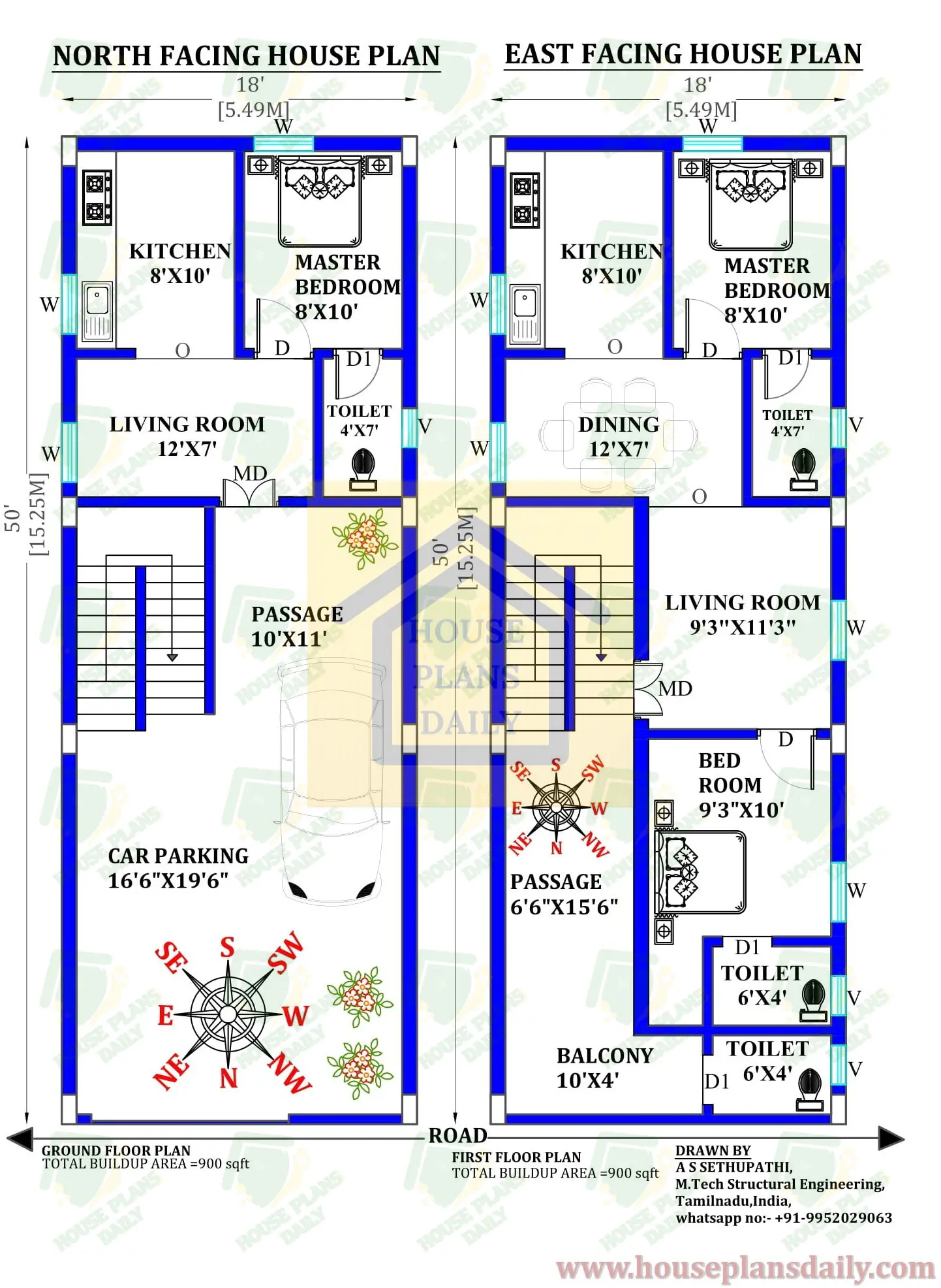 North and East Facing House Plan | 900 Sqft Floor Plan