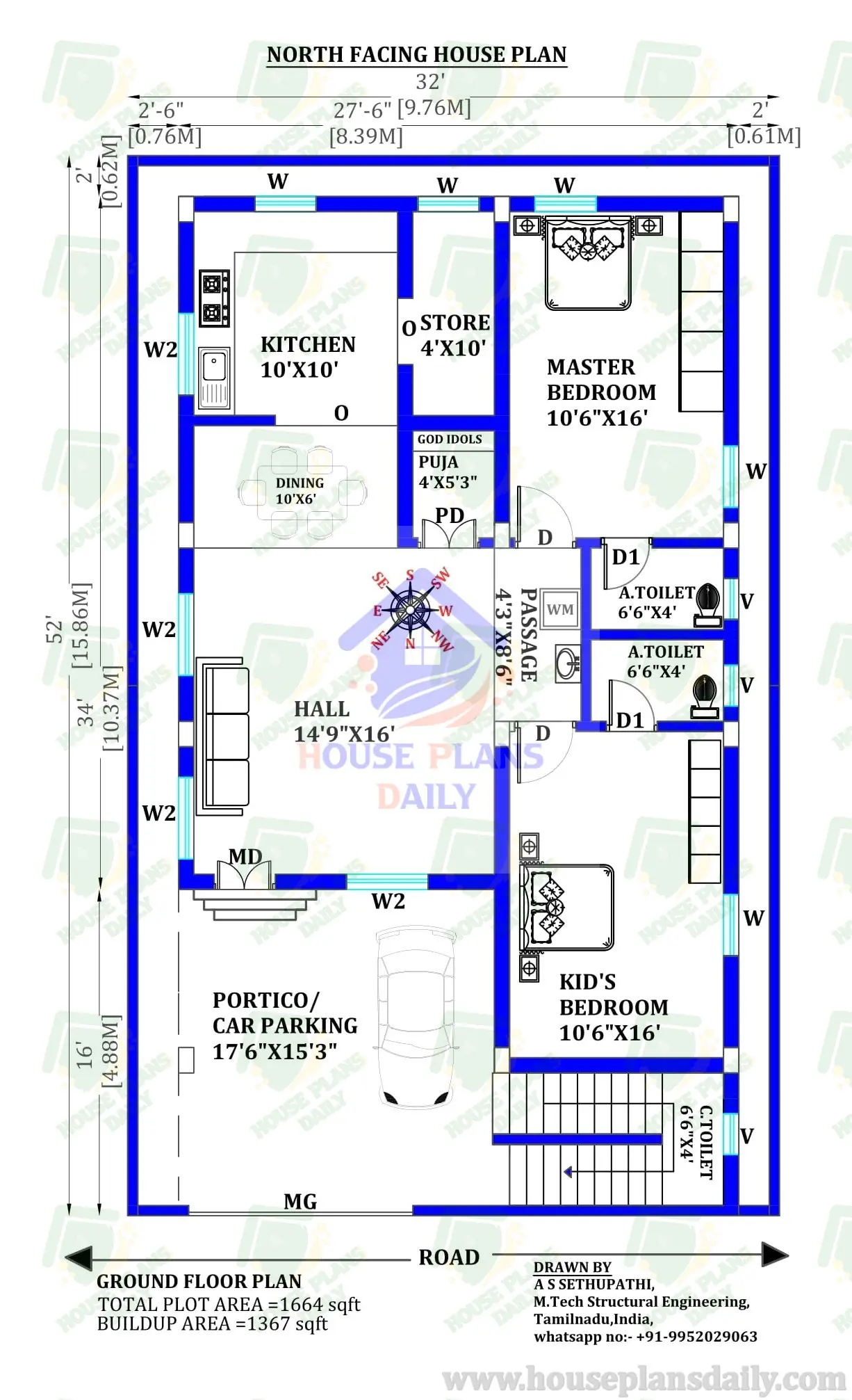 2bhk North Facing House | 2 Room Plan | 2 Bedroom House Plan