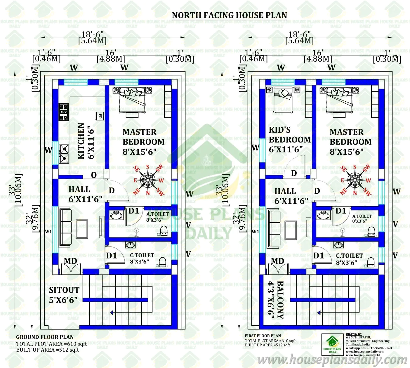 18x33 North Facing 3BHK House Plan | 610 Sqft Vastu Home