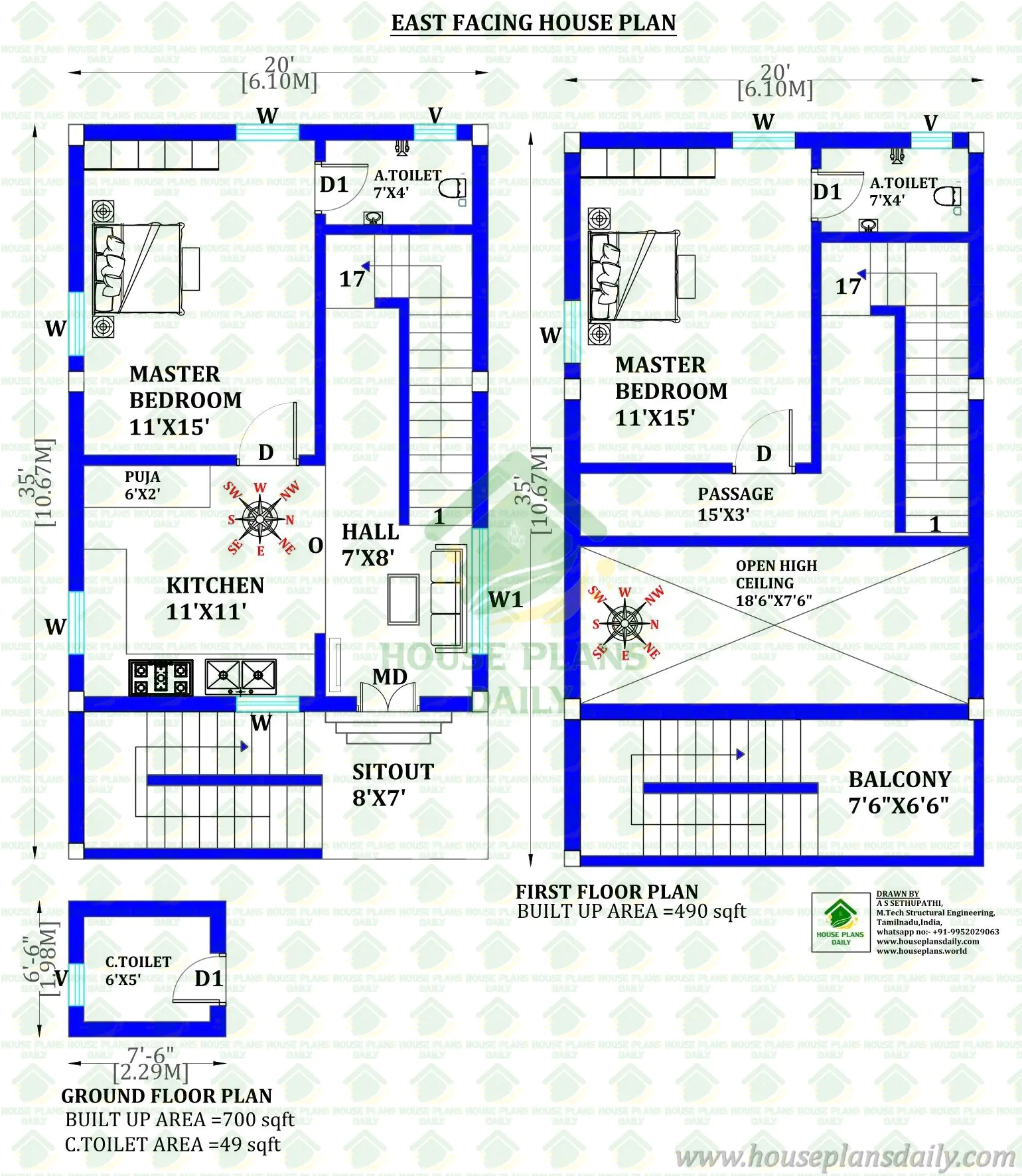 20x35 East Facing Duplex House Plan with Open High Ceiling