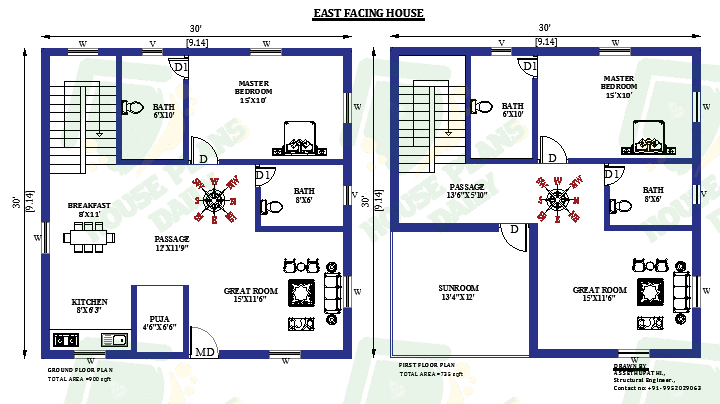 30x30 East facing House Plan with Vastu Shastra