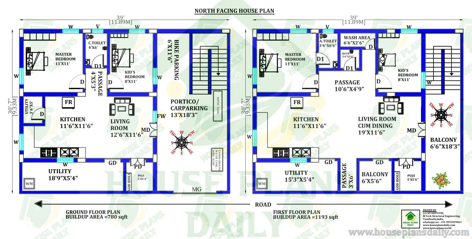 North Facing House Plan | 2 BHK G+1 Home Design with Parking
