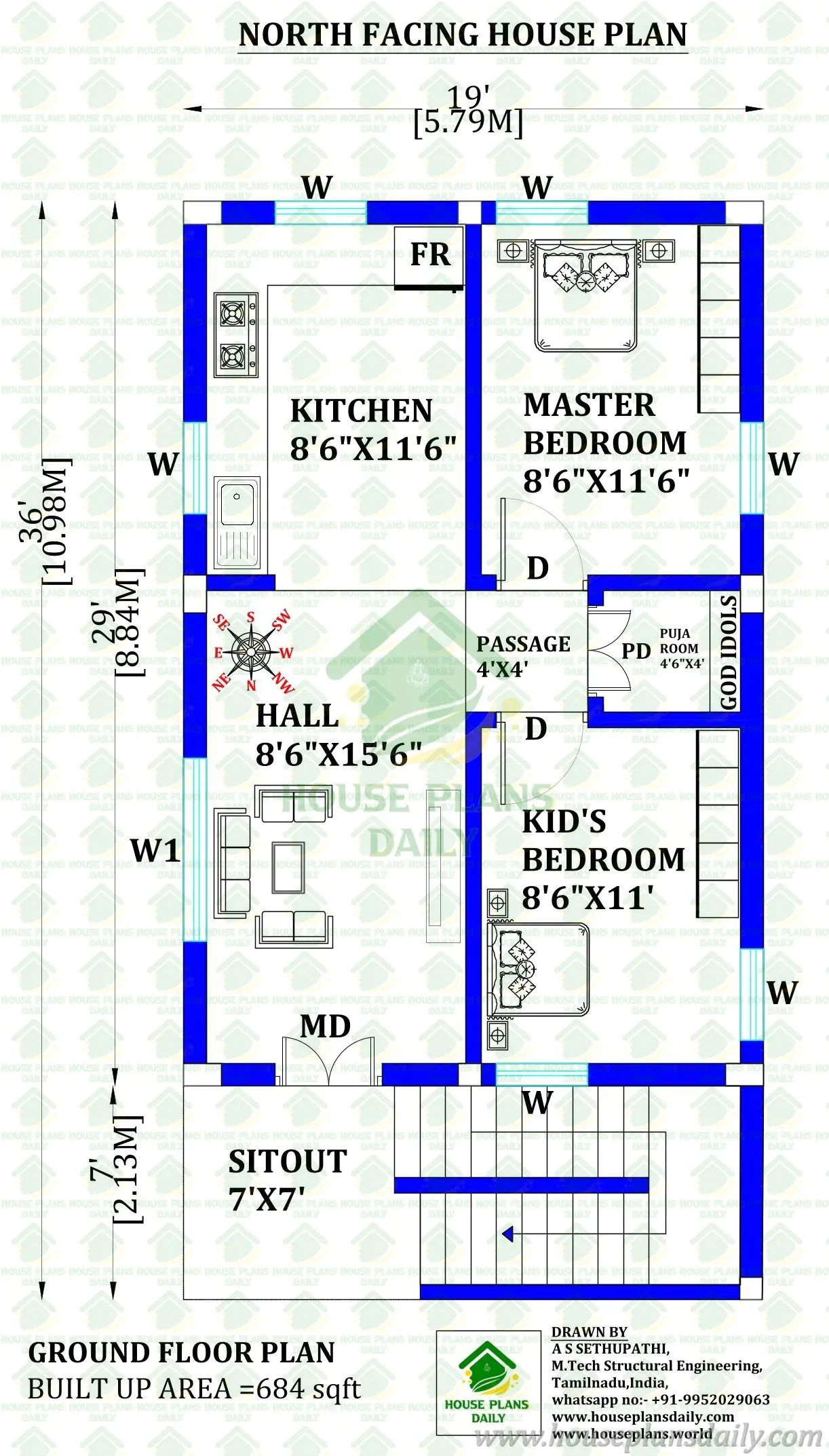 North Facing 2BHK House Plan | 684 Sq Ft Ground Floor Vastu Home Design