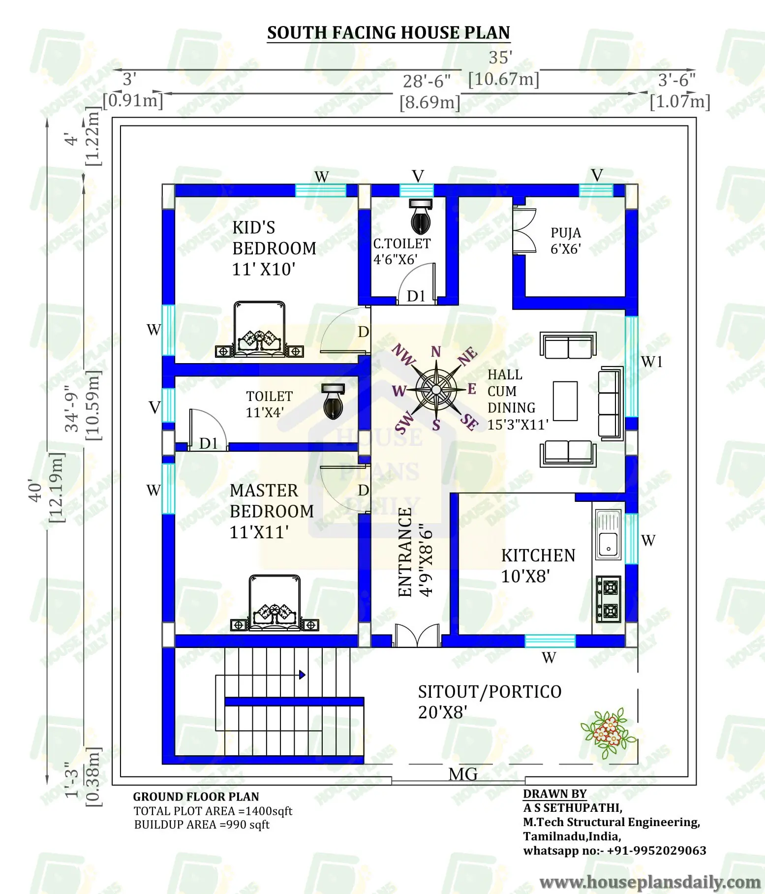 2BHK Floor Plan | 1000 sqft House Plan | South Facing Plan