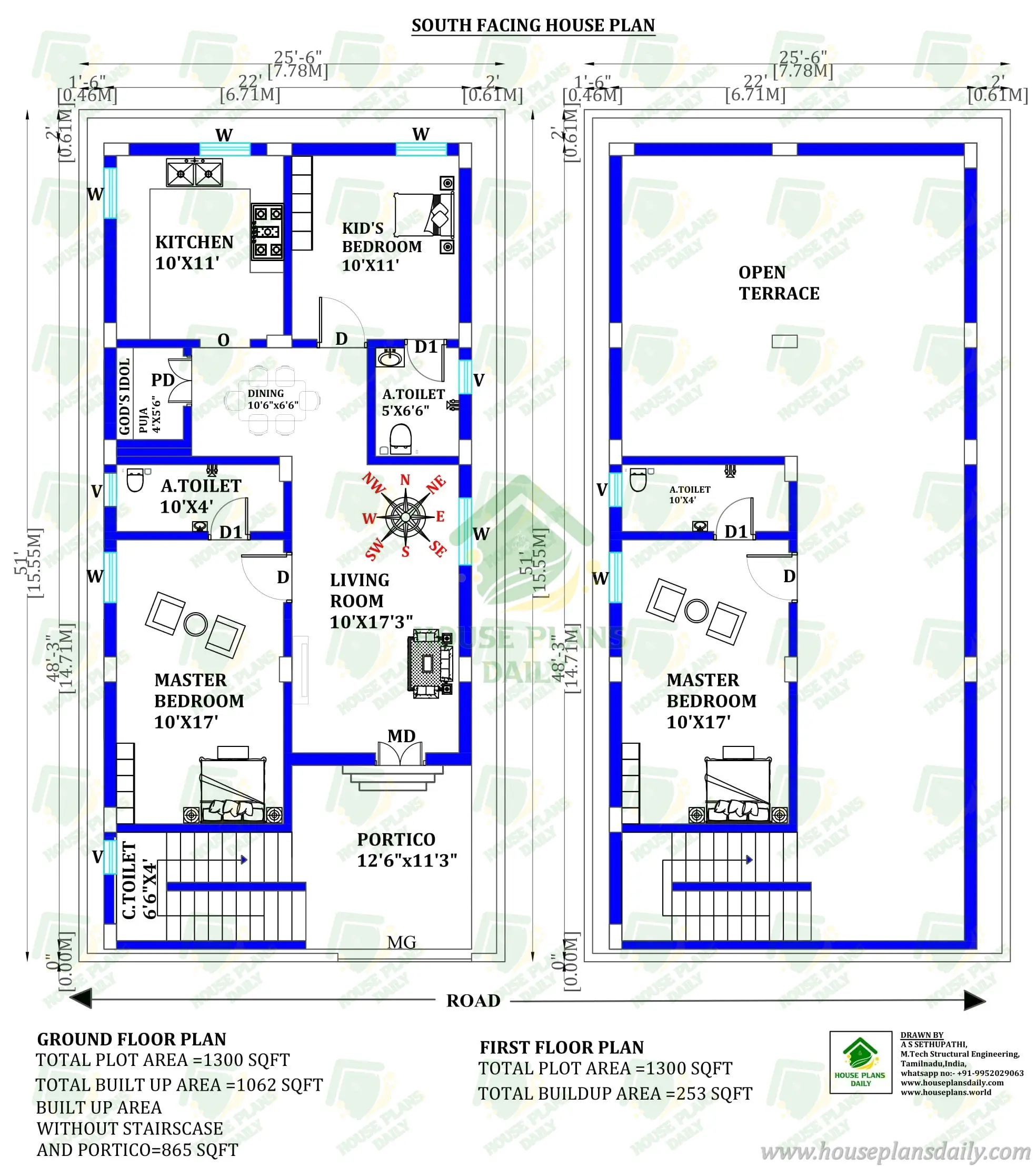 South Facing House Plan | 1300 Sqft House Plan