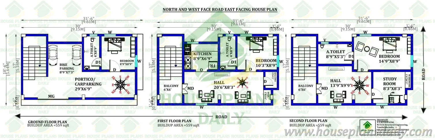 30x18 East Facing 3BHK House Plan with Parking