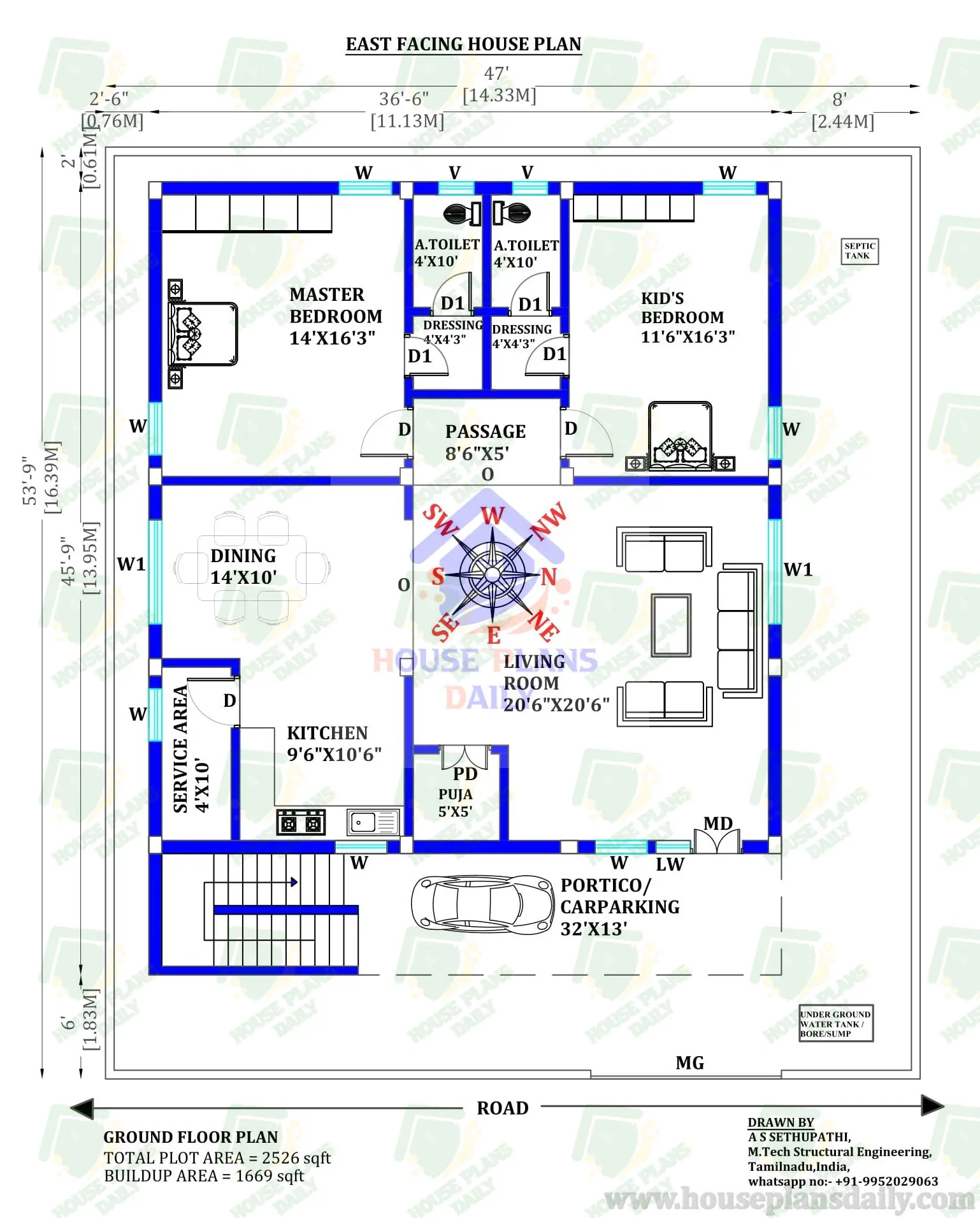 2BHK East Facing house plan with Puja Room