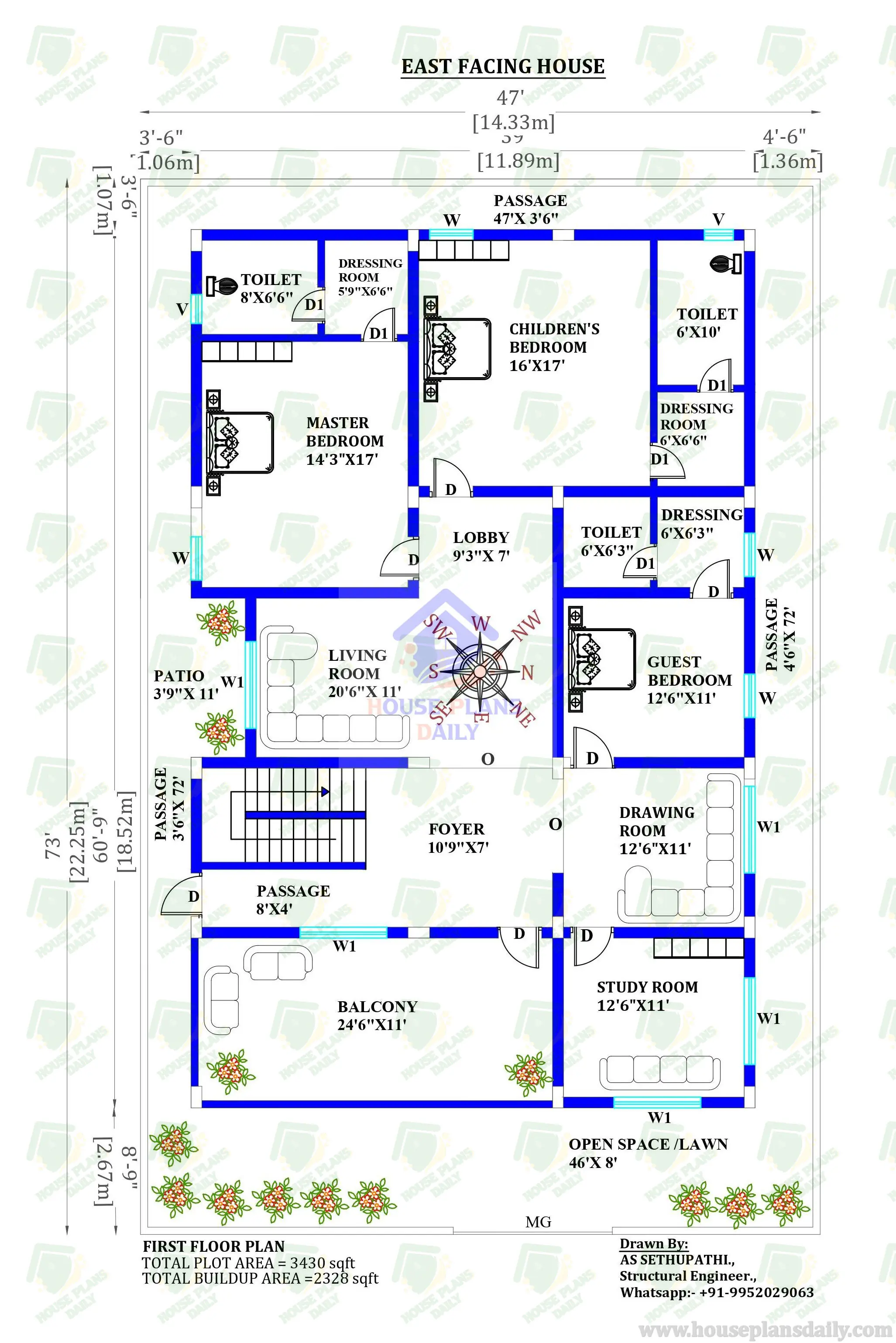 47X73 East Facing House Vastu Plan | CAD Free File