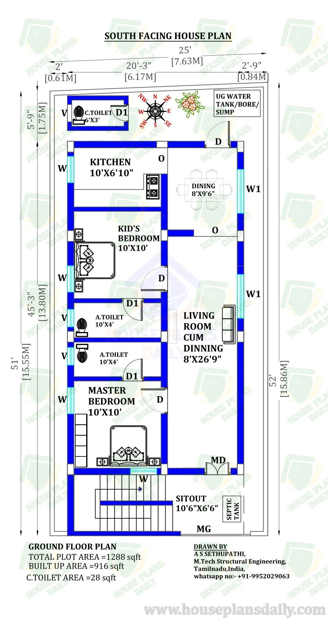 South Facing House Design | 25x51 Ground Floor Plan