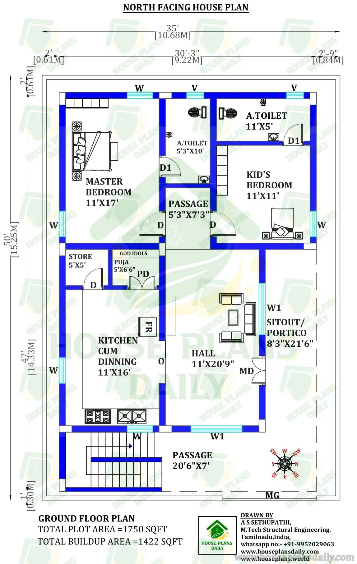 1750 SQ FT HOUSE DESIGN | 35X50 SQFT HOUSE PLAN