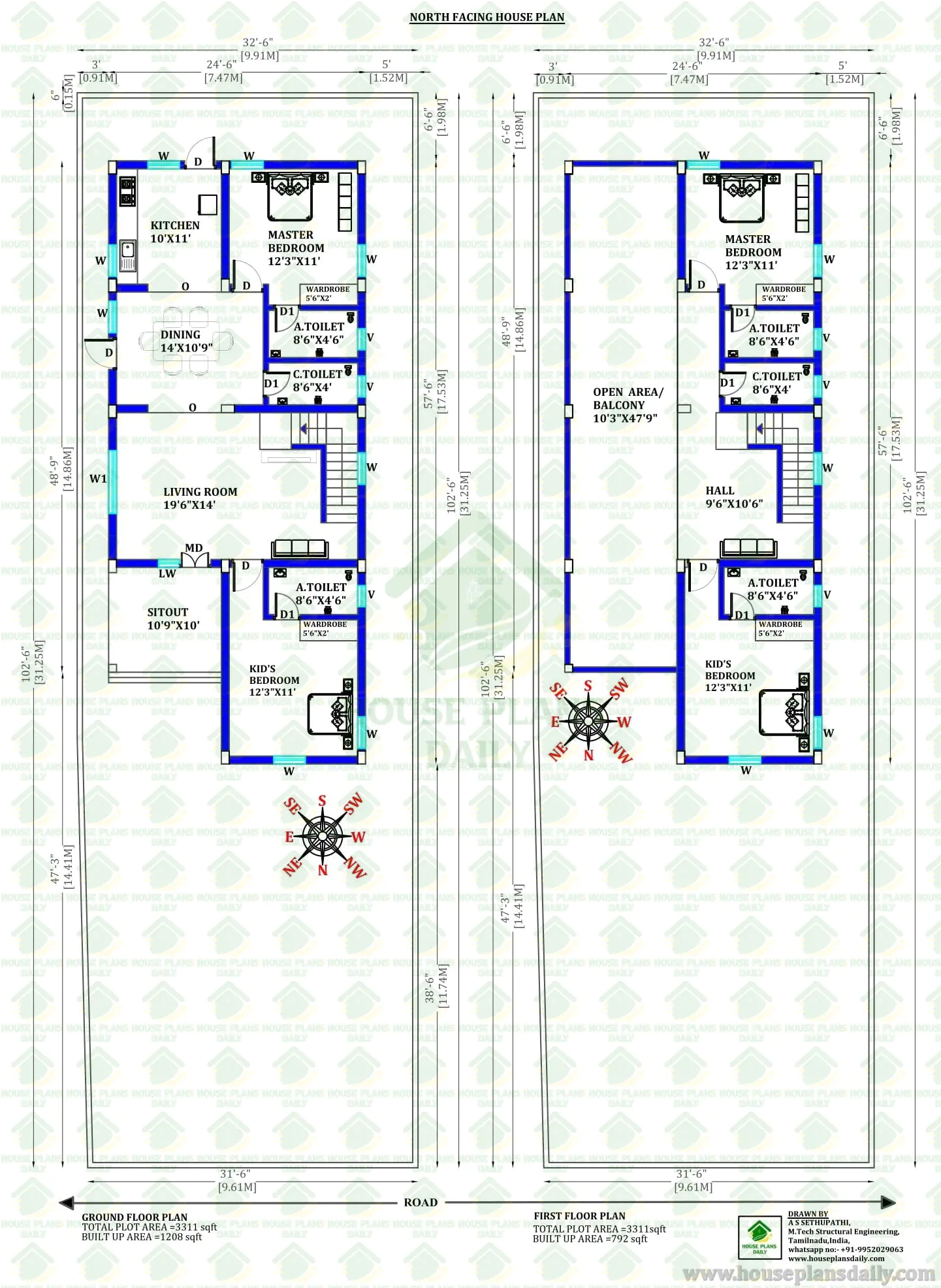 2000 Sqft North Facing 4BHK Duplex House Plan | Two Story Vastu Home Design