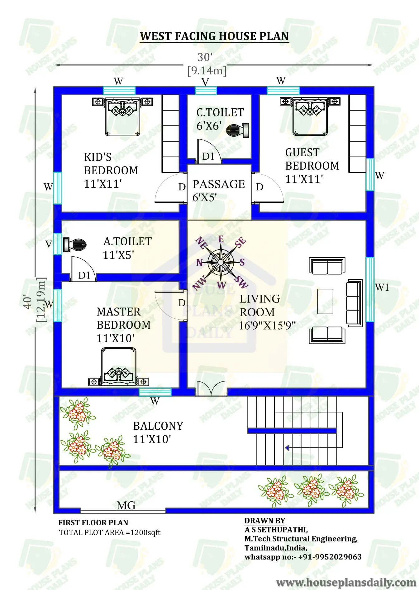 30X40 West Facing House Vastu Plan