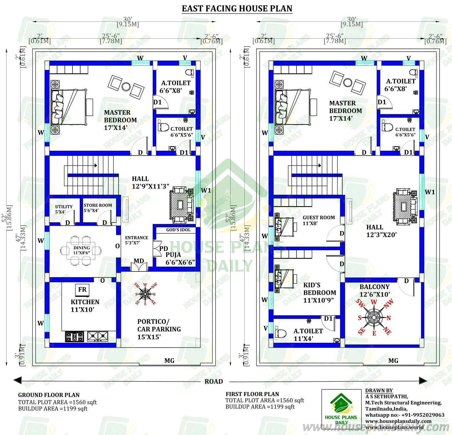 East Facing 4BHK Duplex House Plan | 1500 Sqft Double Floor Design with Vastu and Car Parking