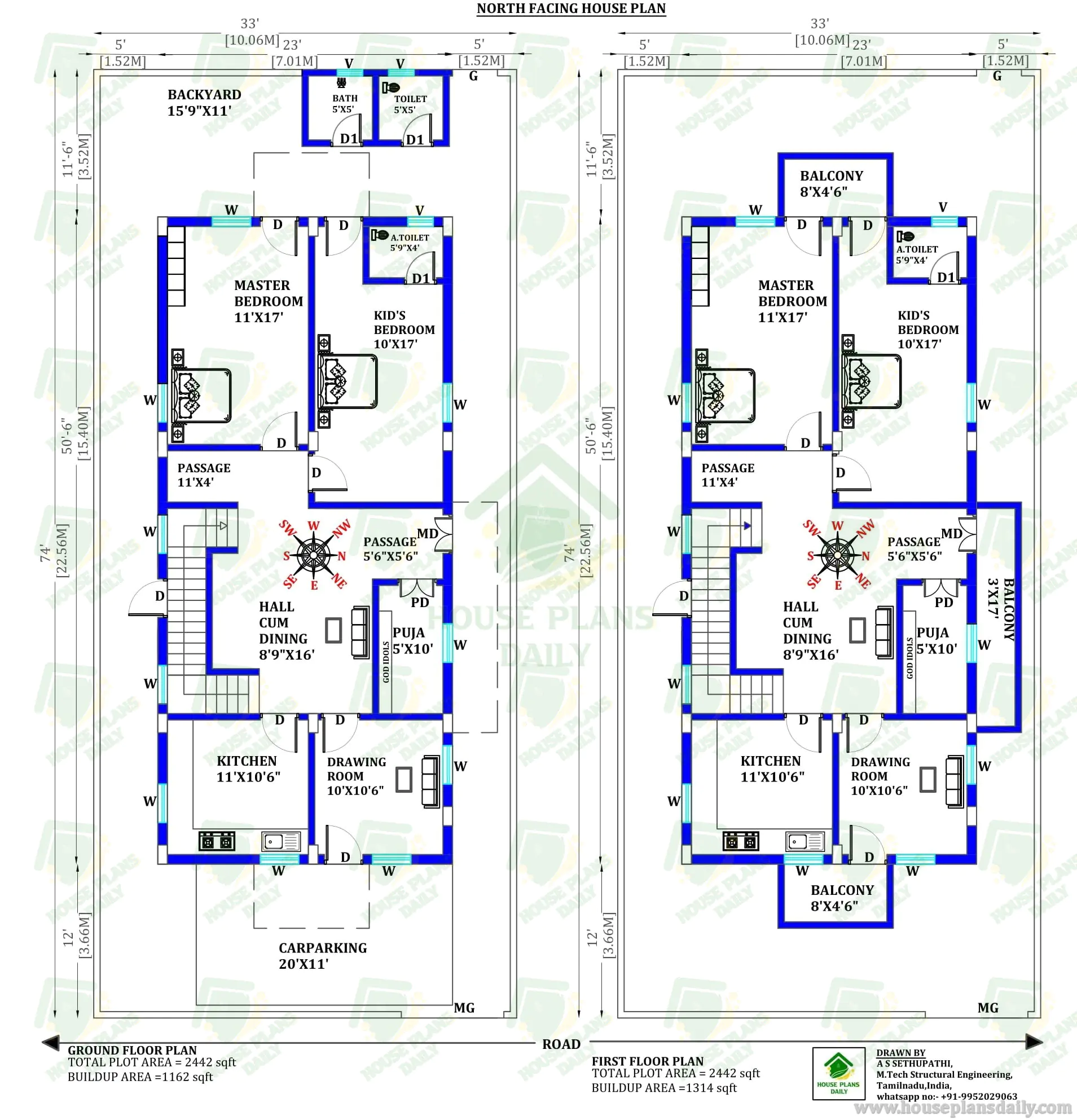 North Facing 4 Bedroom Duplex Plan | 2400 Sqft Modern Indian House Design