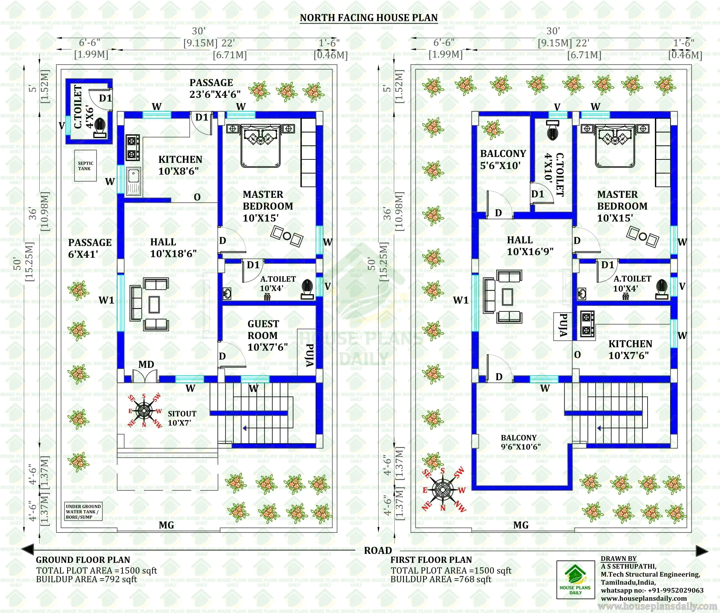 30x50 North Facing Gplus1 House Plan | 1500 Sqft