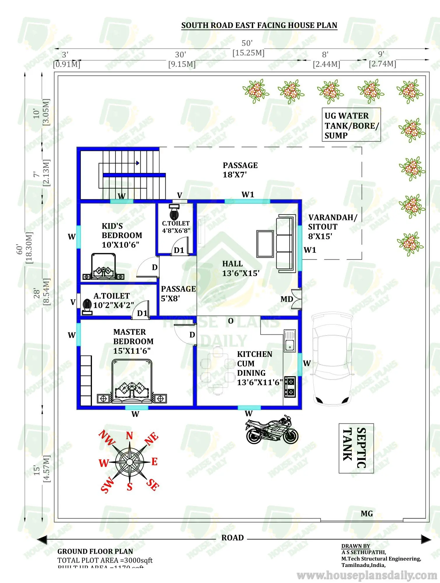 50x60 South Road East Facing House Plan| Shear Wall Method