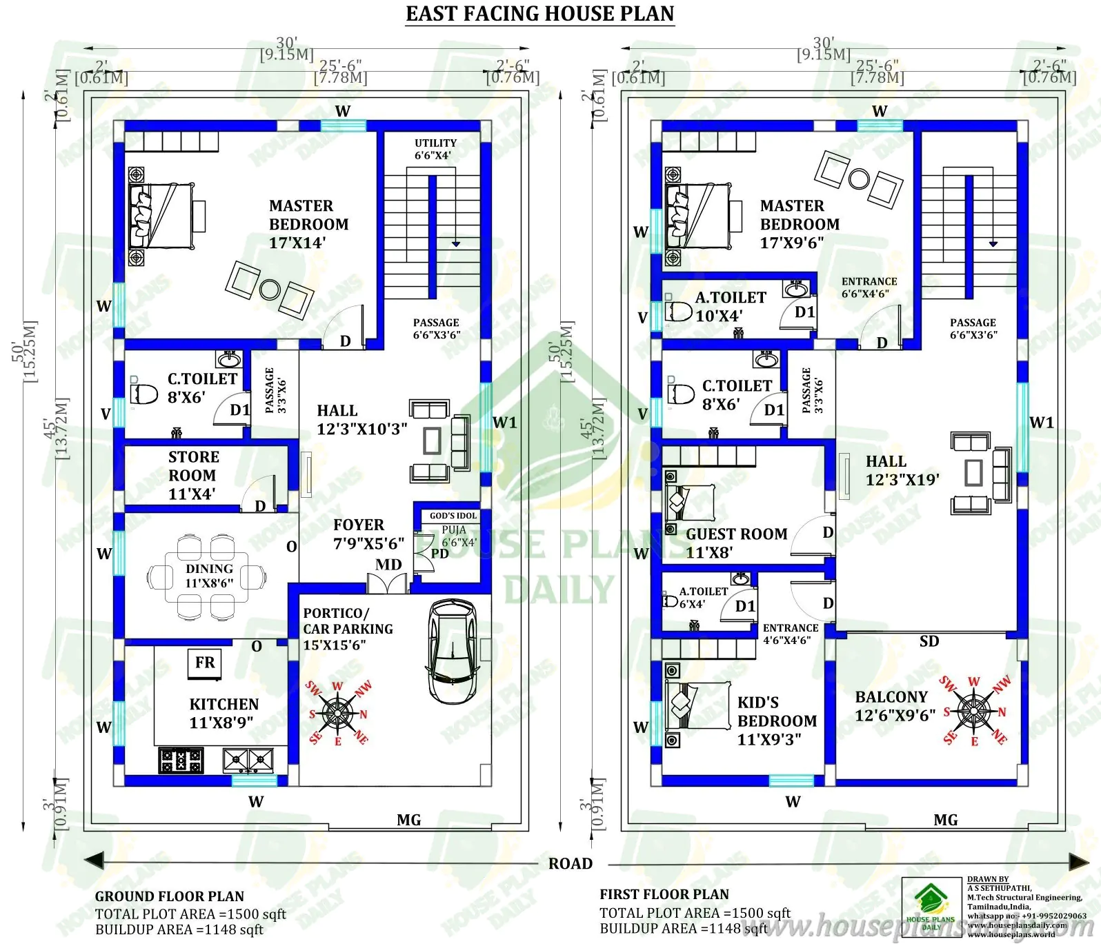 30x50 East Facing Duplex House Plan 4BHK | 1500 Sqft Vastu Design