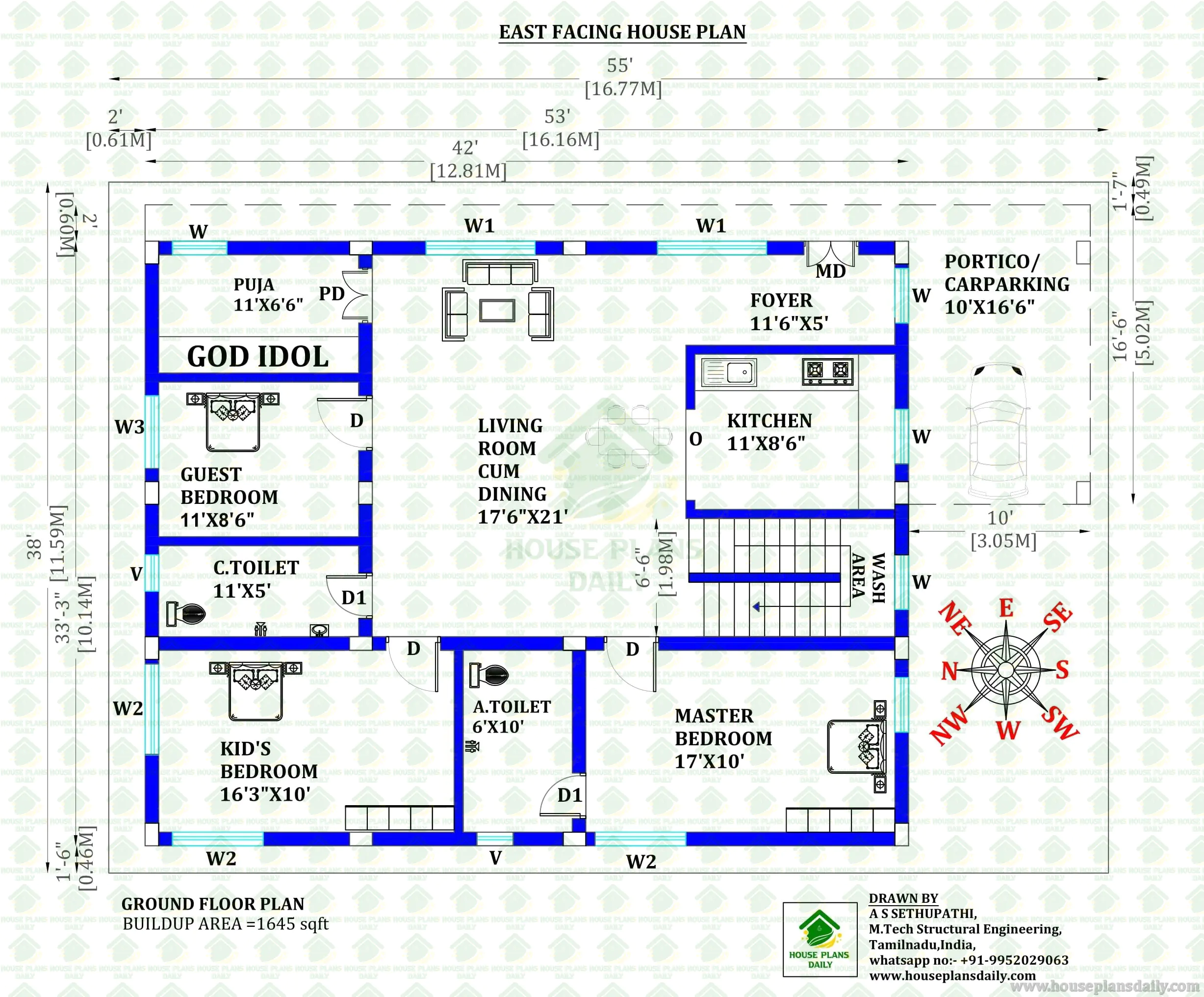 55x38 East Facing 3BHK House Plan | 1645 Sqft