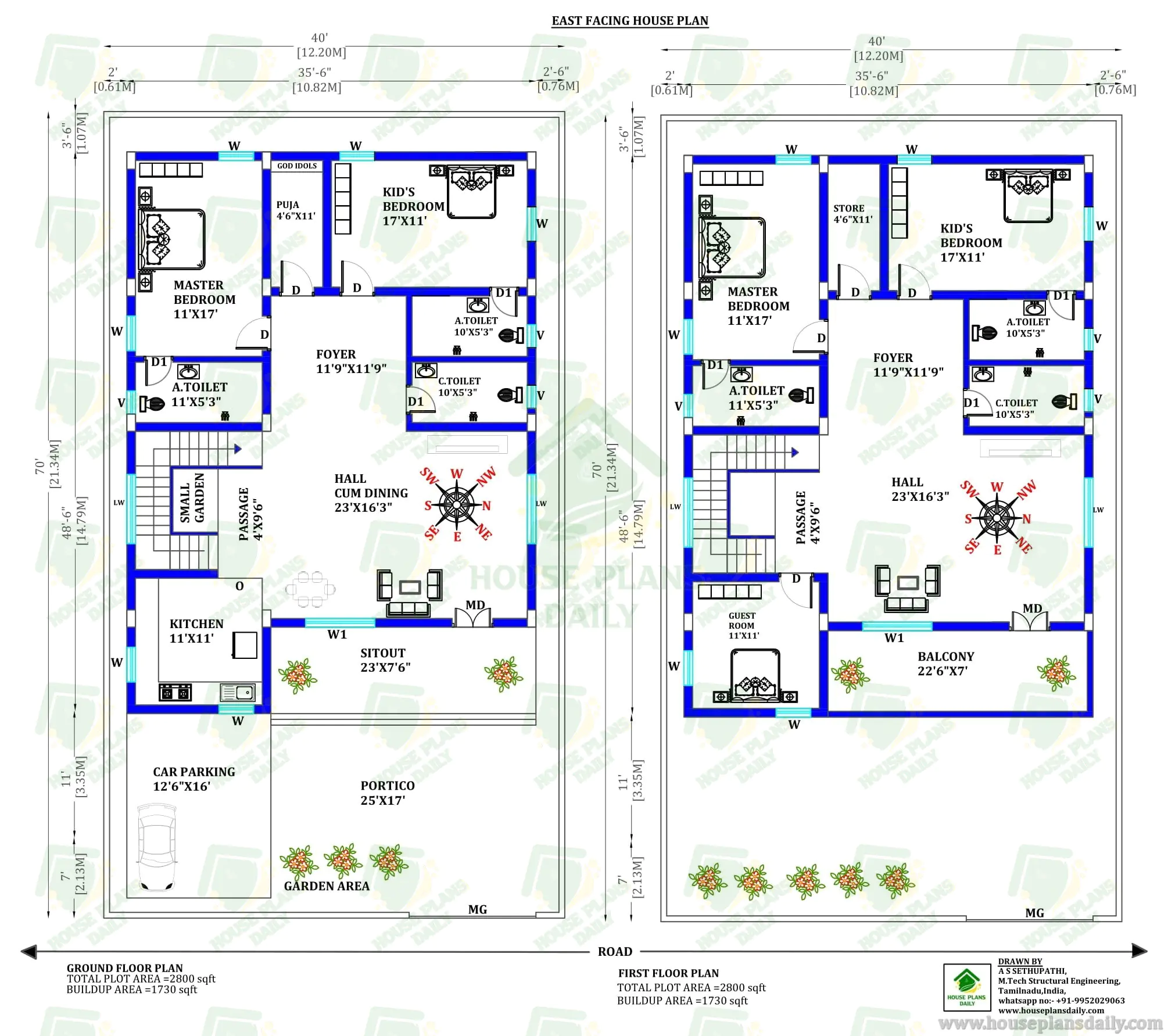 East Facing Duplex House Plan 2800 Sqft | 5BHK G1 Indian Style Home Design with Parking