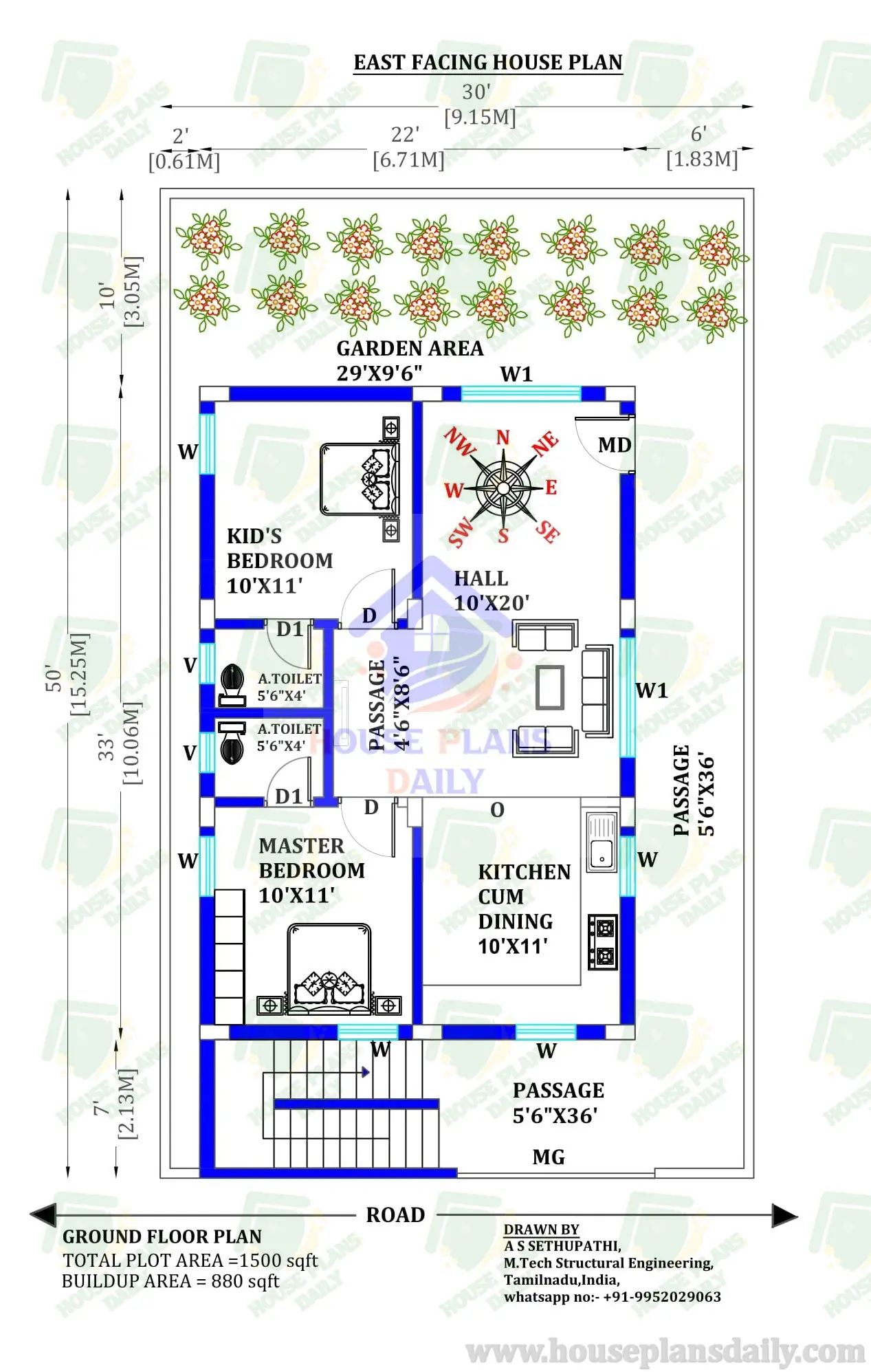 Single Floor Design House | 30x50 East Facing 2bhk House