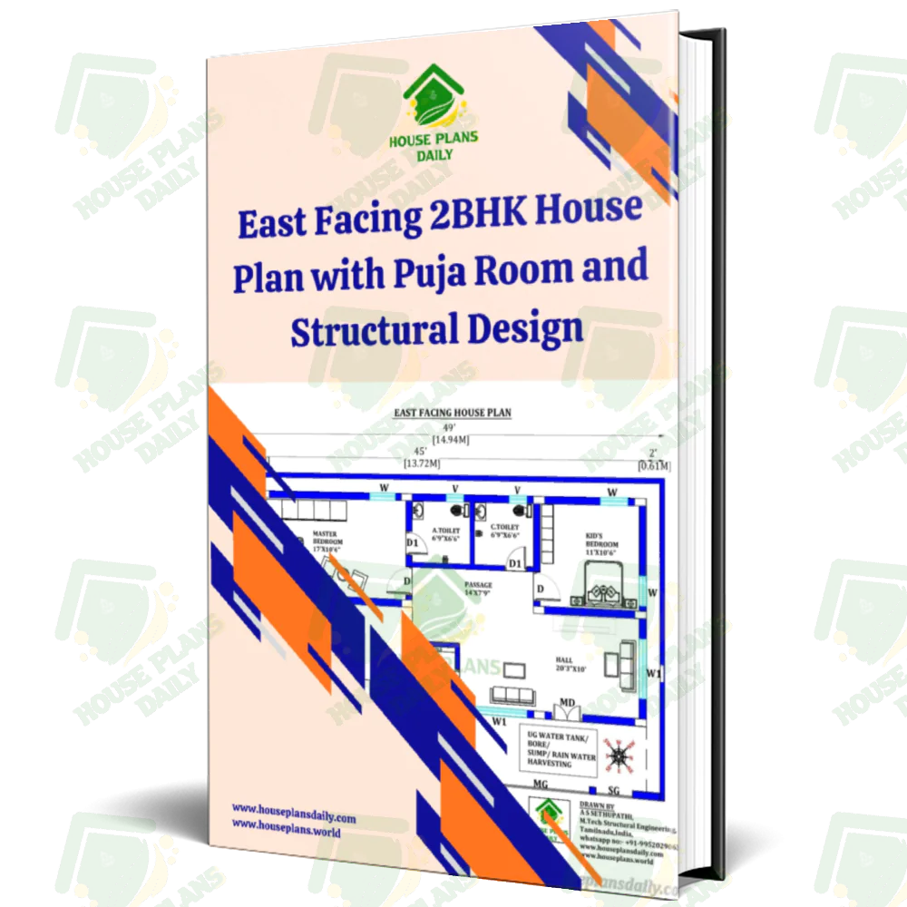East Facing 2BHK House Plan with Puja Room and Structural Design