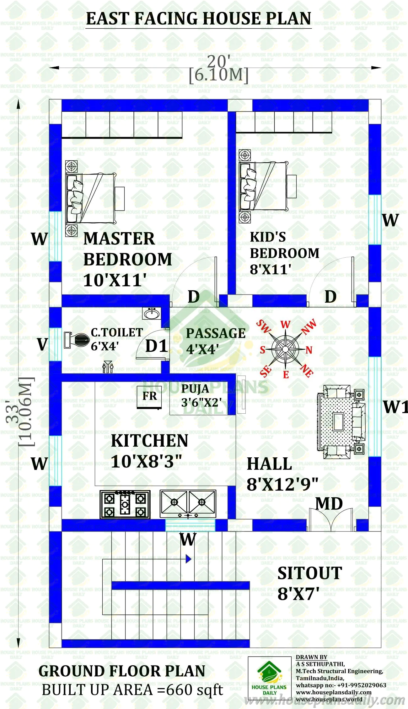 20x33 East Facing 2BHK House Plan | 660 Sq Ft Ground Floor Vastu Home Design
