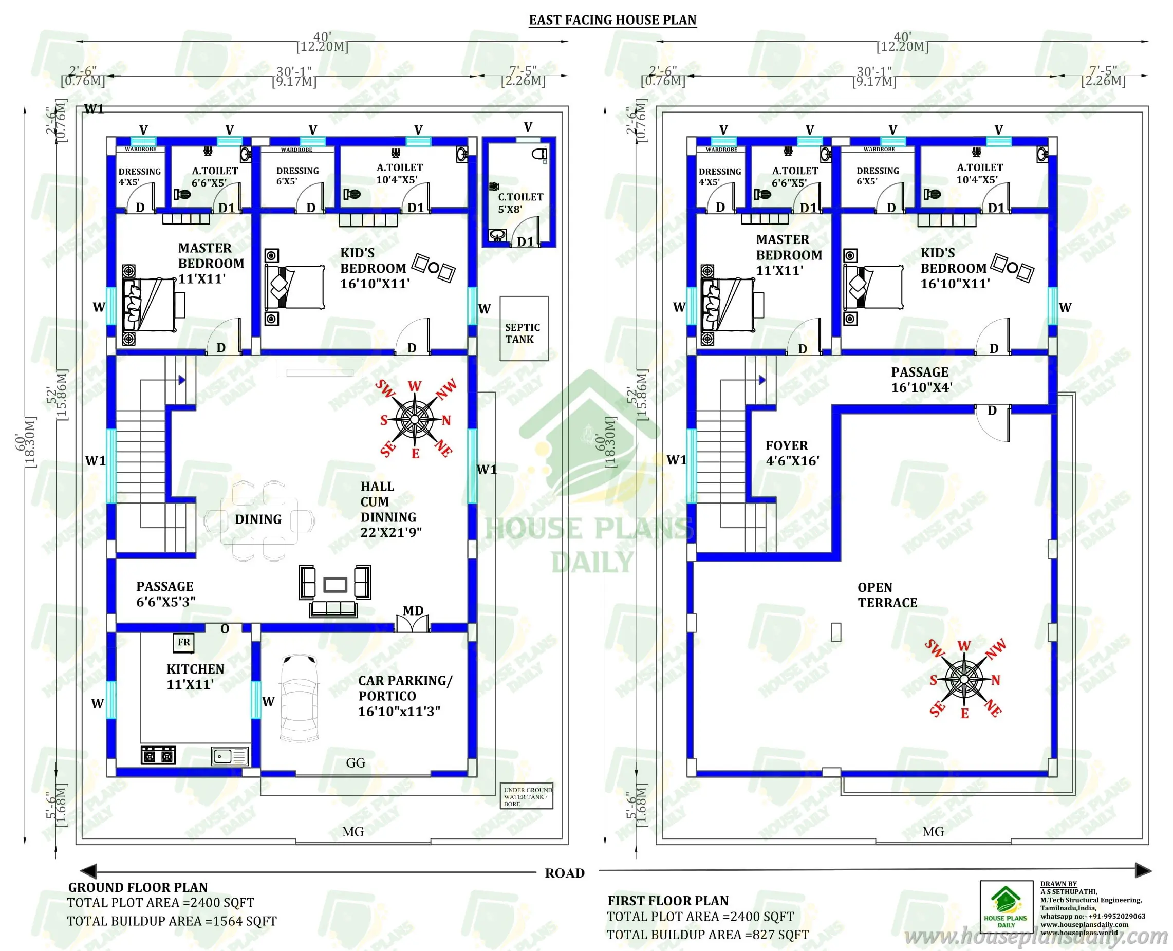 40x60 House Plan with Car Parking | East Facing Duplex House Plan India